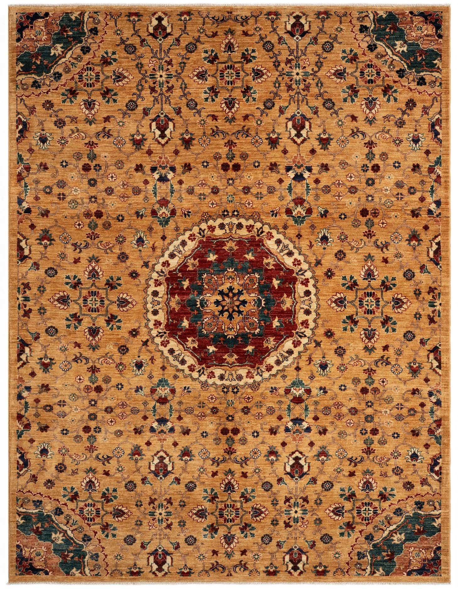 A 5x8 rectangular Sara Collection Persian rug in brown wool, featuring a detailed central medallion and intricate floral patterns.