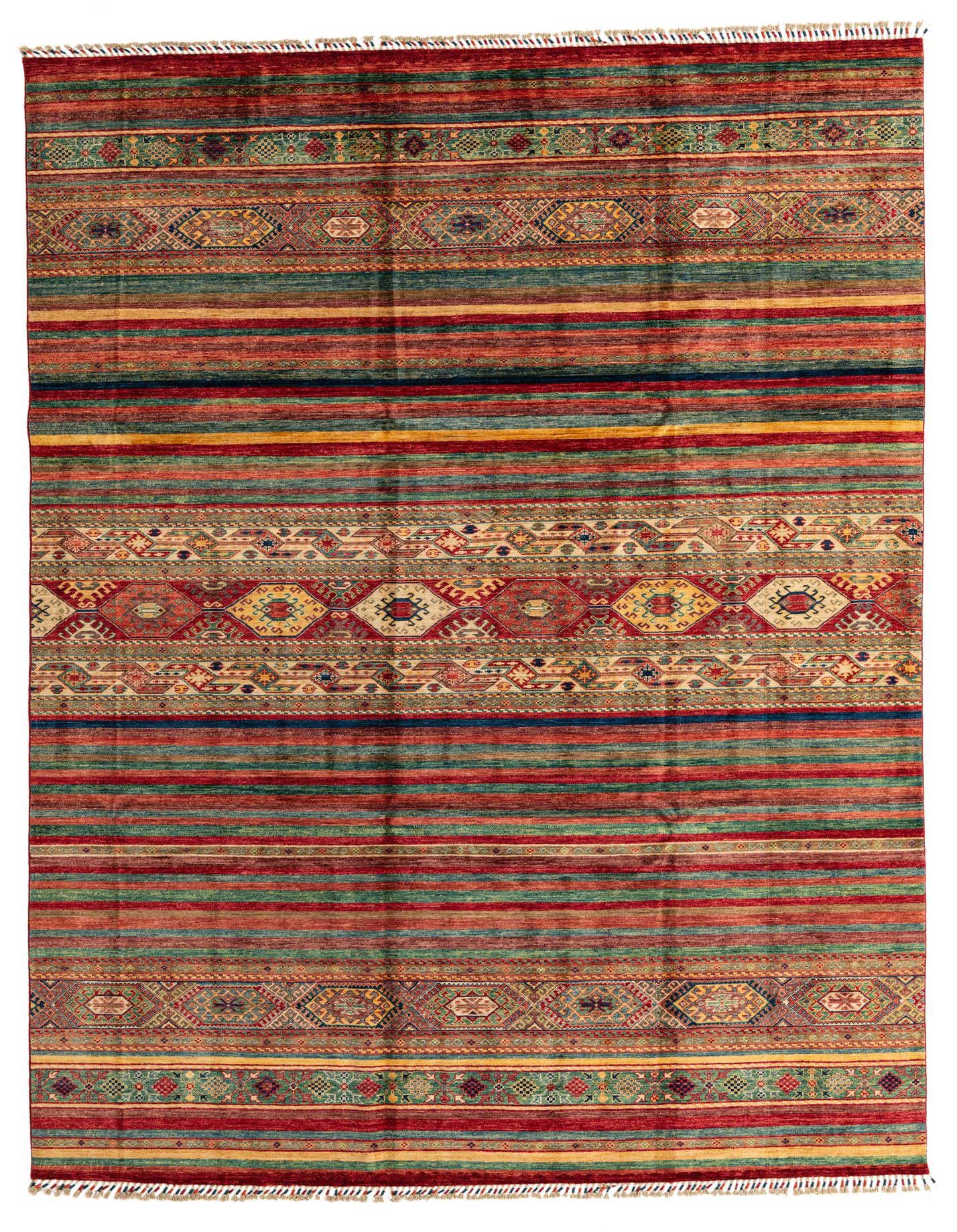 A vibrant 8x11 rectangular Ariana Ziegler rug featuring multicolored stripes and intricate Oriental patterns.