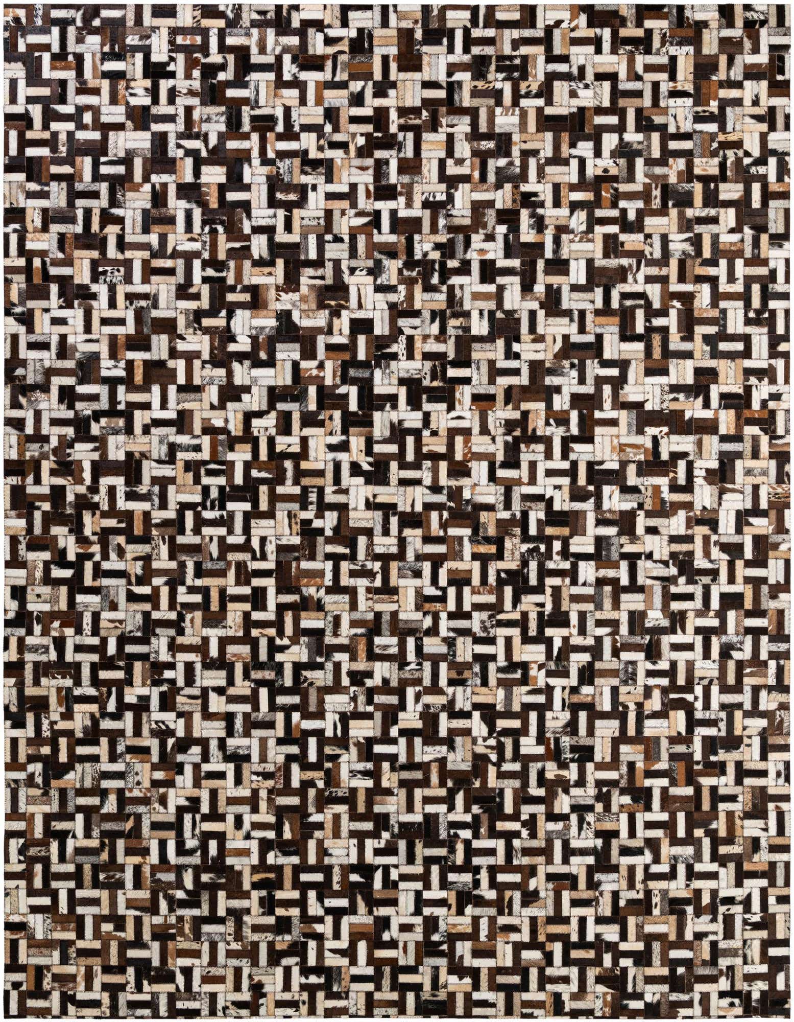 A rectangular 8x10 Cowhide Patchwork rug featuring a modern geometric pattern of varying brown, black, and white hair-on-hide leather pieces.