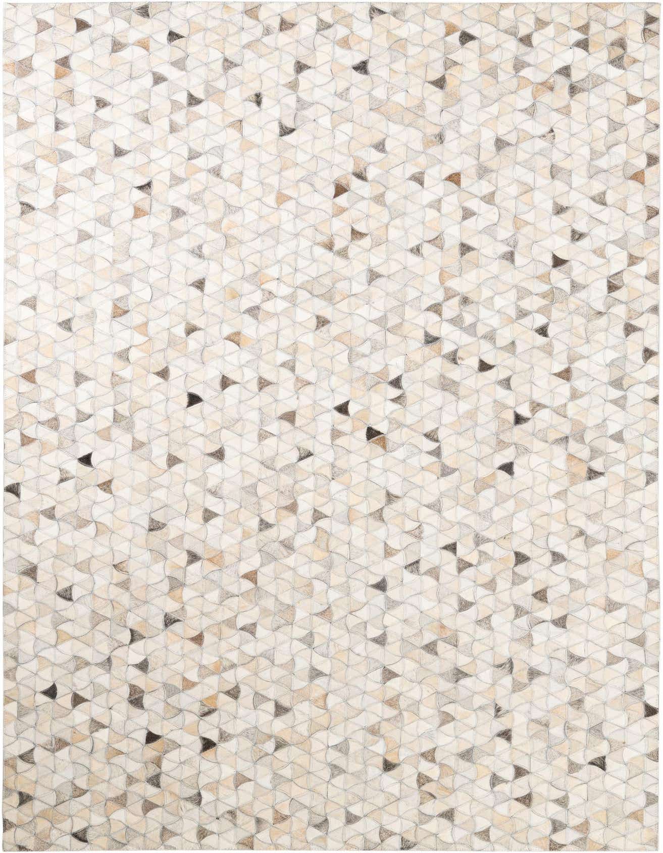 A rectangular 5x8 Cowhide Leather rug featuring a modern abstract pattern of light and dark brown, beige, and cream triangular and curved shapes.