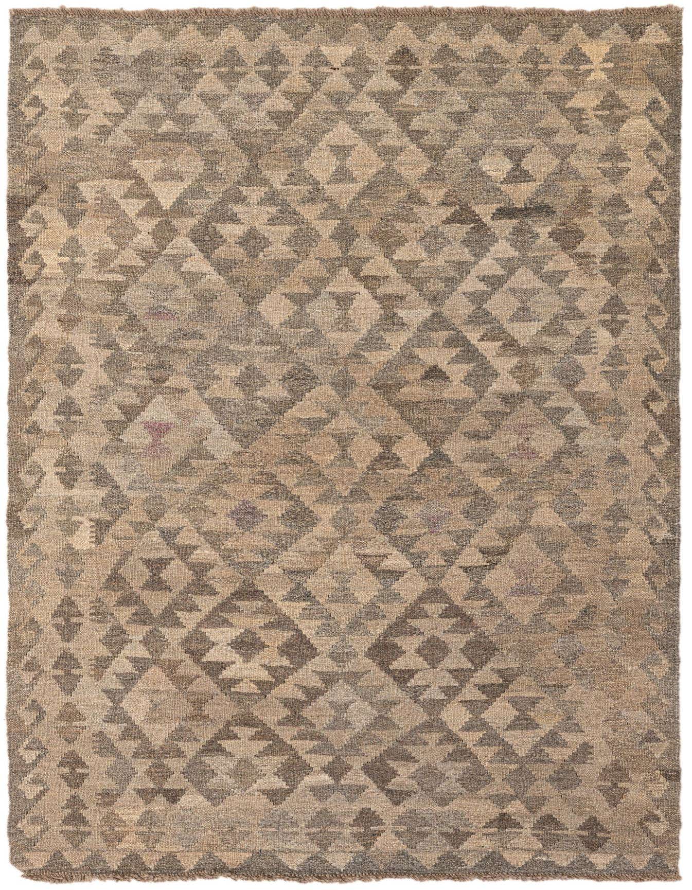 A 4x6 rectangular flatweave wool rug featuring a tribal geometric pattern in varying shades of brown and beige.