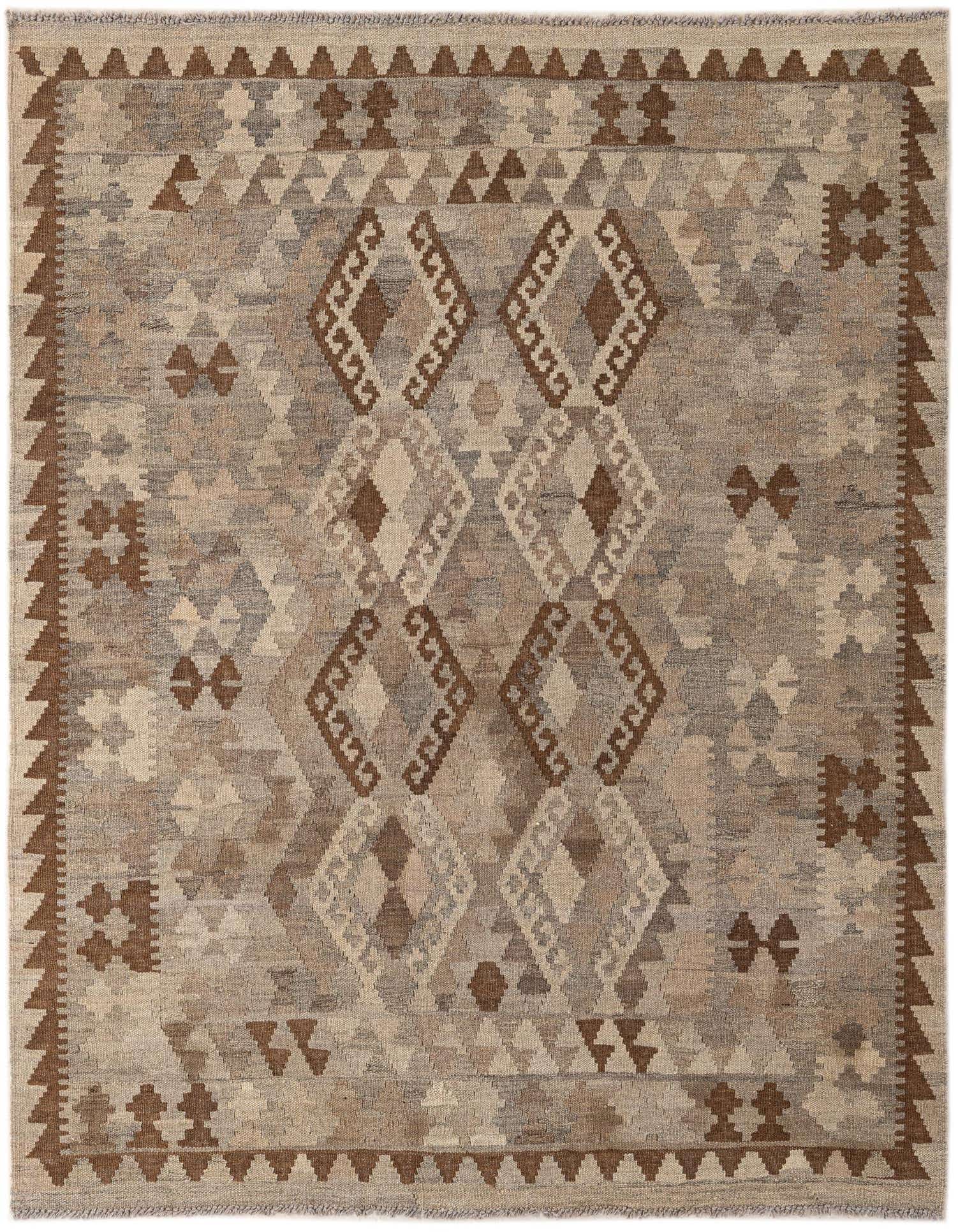 A 4x6 rectangular Kilim Maymana rug with tribal, modern, and oriental patterns in varying shades of brown, beige, and gray.