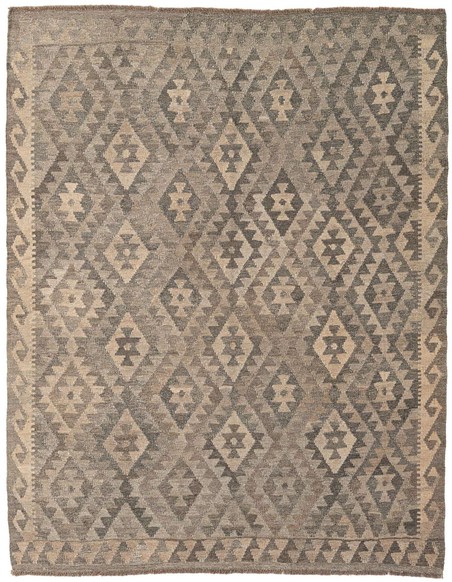 A 5x7 rectangular Kilim Maymana wool rug with a tribal geometric pattern in shades of brown and beige.