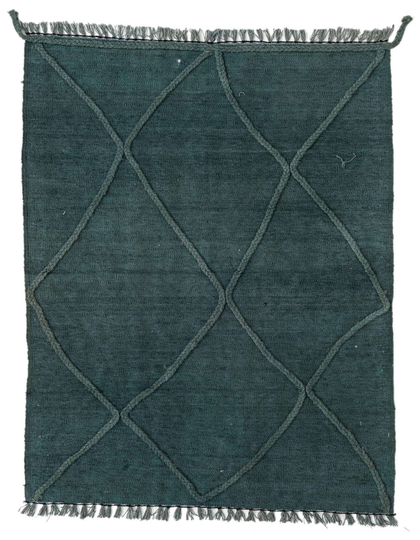 A 3x5 rectangular dark teal flatweave wool rug with a raised braided diamond pattern and short fringed ends.