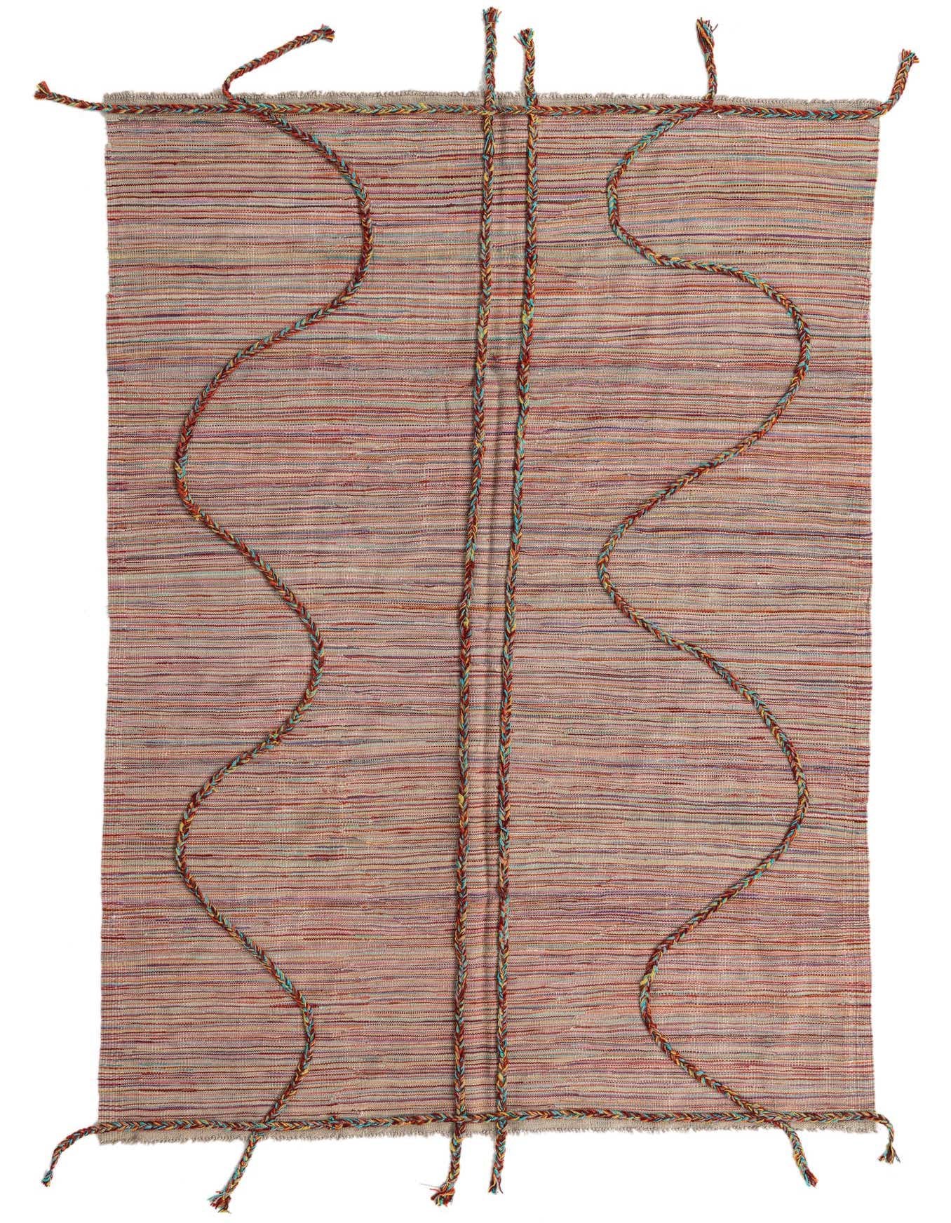 A 5x8 rectangular flatweave rug with a striped pattern in various warm and cool tones, featuring braided colorful accents forming abstract wavy lines.