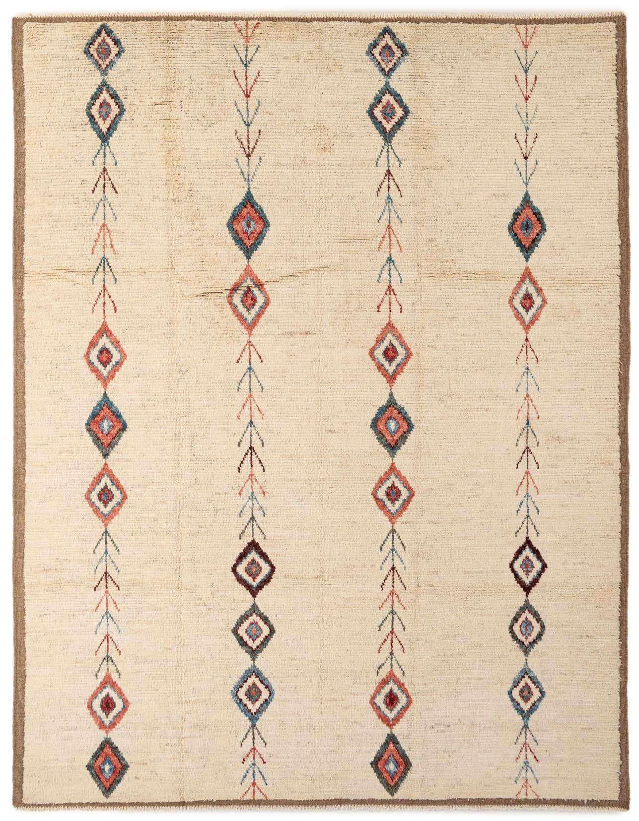 A 7x10 rectangular ivory wool rug with vertical rows of colorful tribal diamond patterns and arrow motifs.