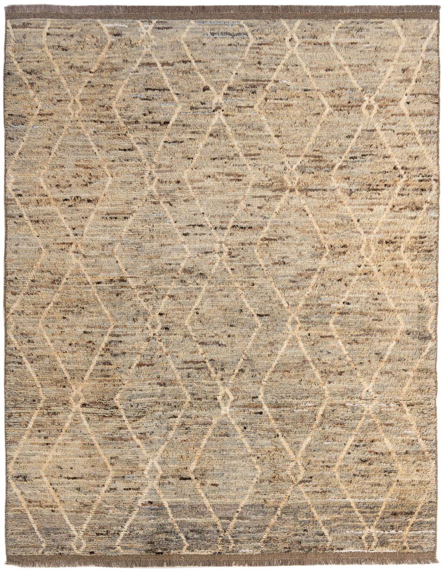 A 7x10 rectangular Moroccan tribal wool rug featuring an off-white diamond pattern on a textured natural fiber background, suitable for a living room.
