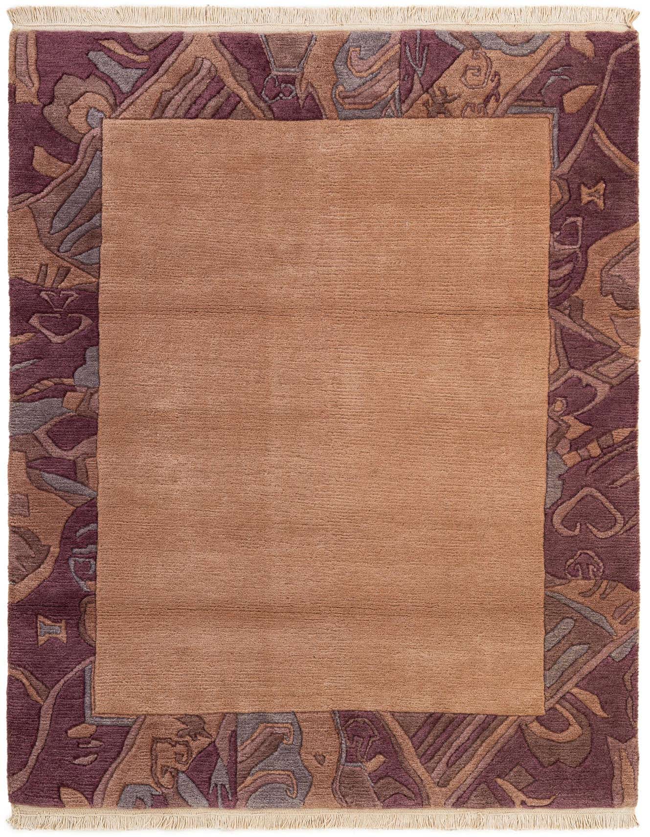 A 4x6 rectangular wool rug with a solid light brown center and a wide border featuring abstract, modern, and oriental patterns in shades of deep plum, light brown, and gray, with visible fringes.