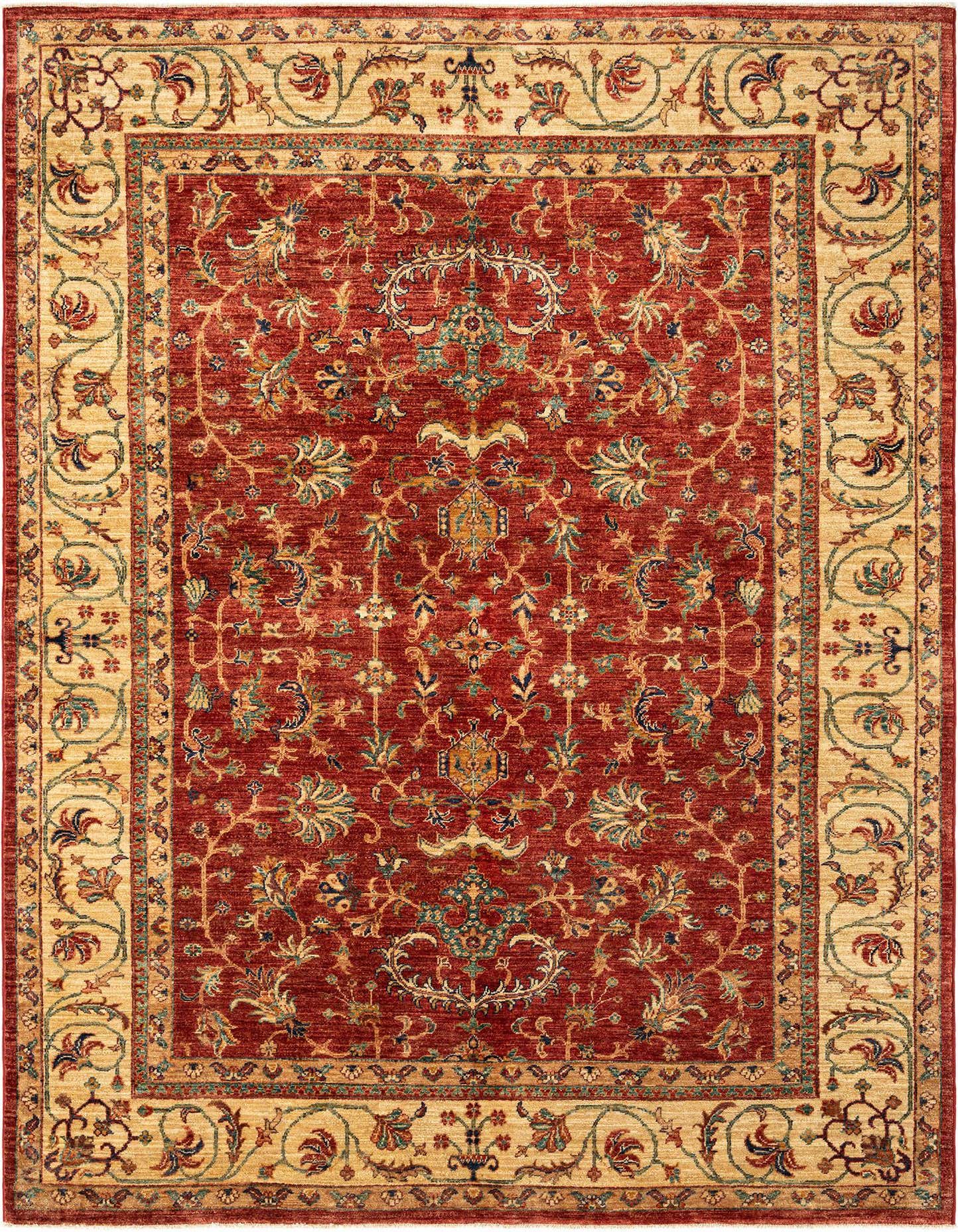 A 5x8 rectangular red Persian wool rug with an intricate floral pattern and a wide beige border.
