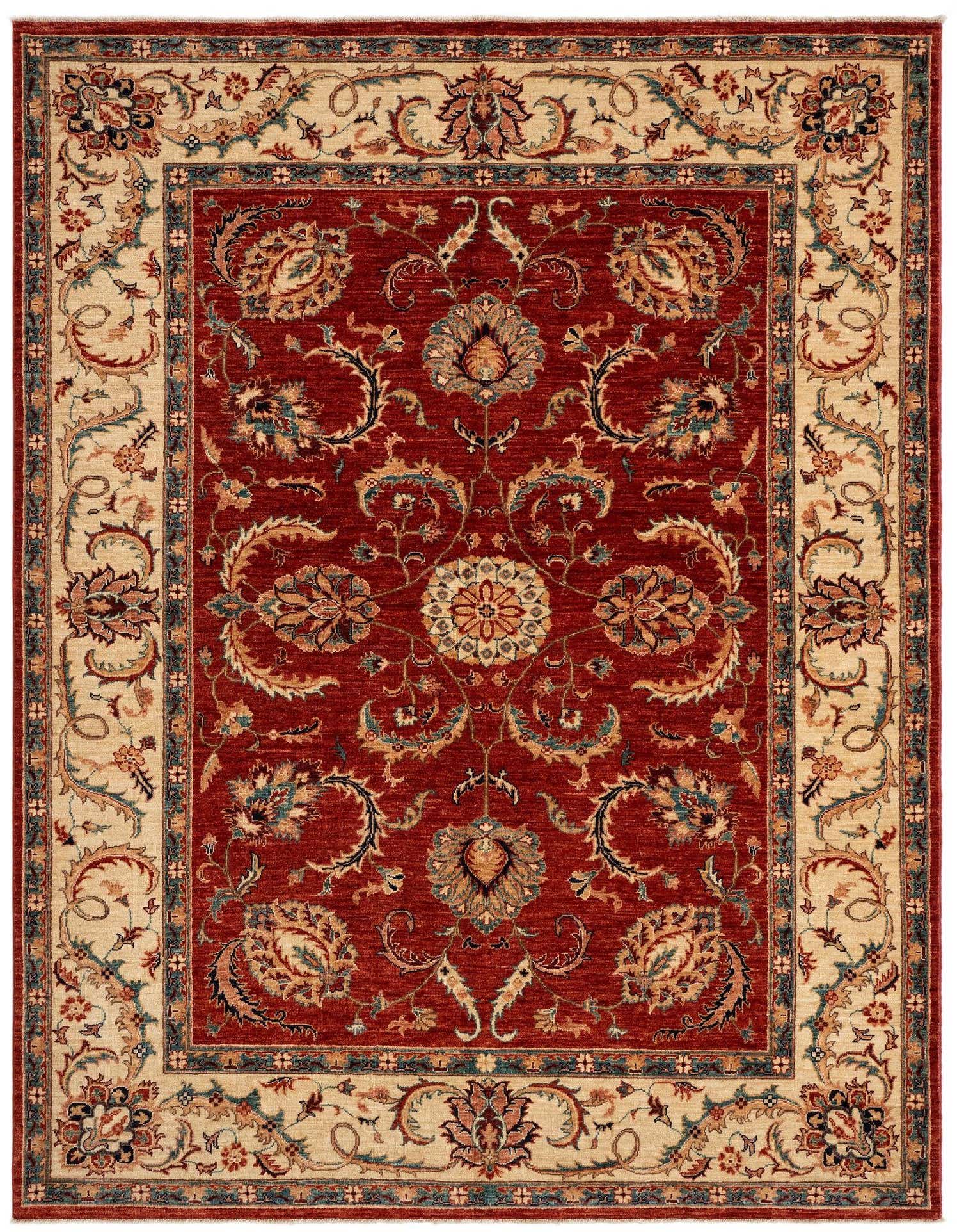 A 5x8 rectangular red Persian rug with an intricate floral and medallion pattern, featuring a wide cream border with complementary motifs.