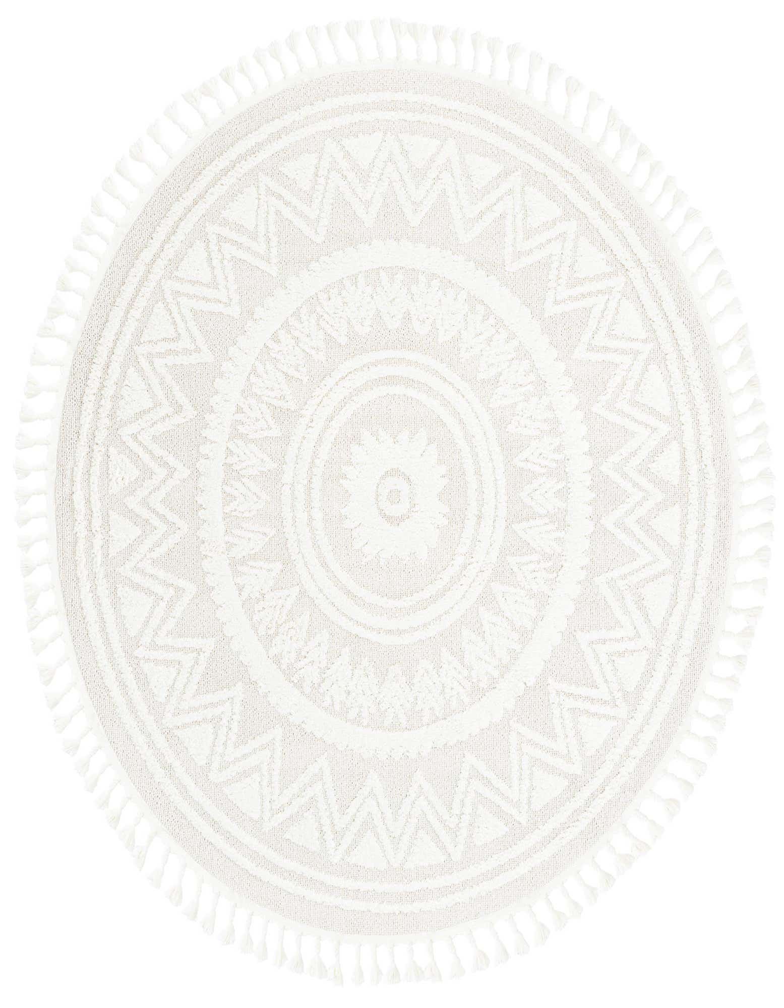 A round, off-white Boho rug with a textured geometric pattern and fringe border, ideal for a patio.