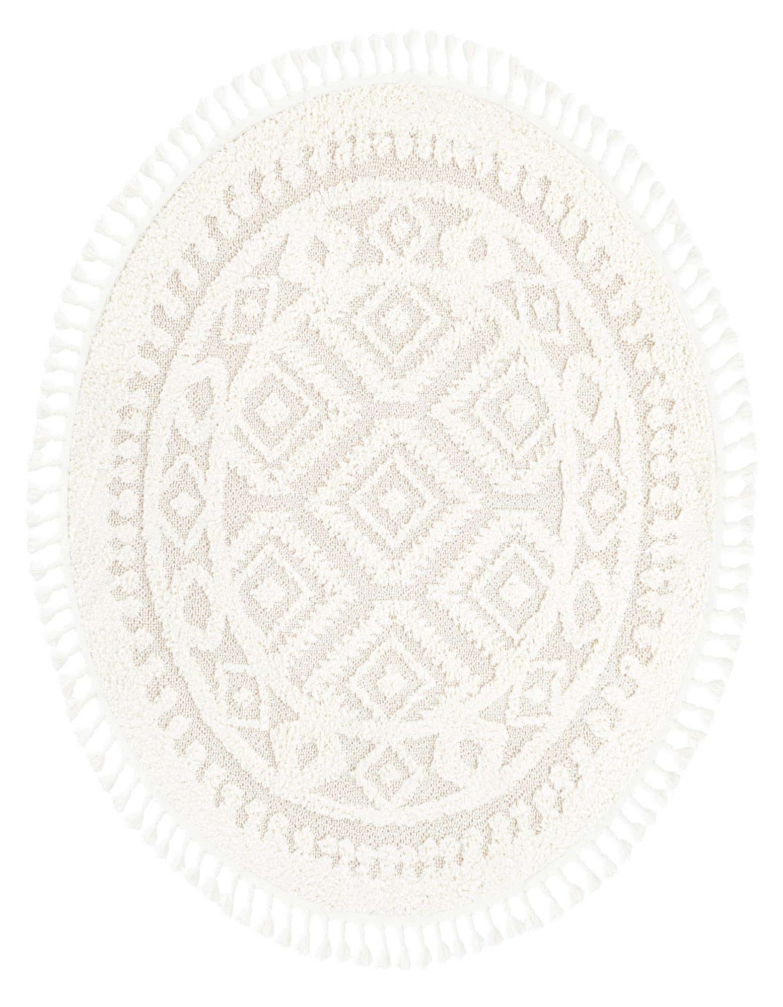A round, off-white Boho rug with textured geometric patterns and a fringed edge, suitable for a living room or bedroom.