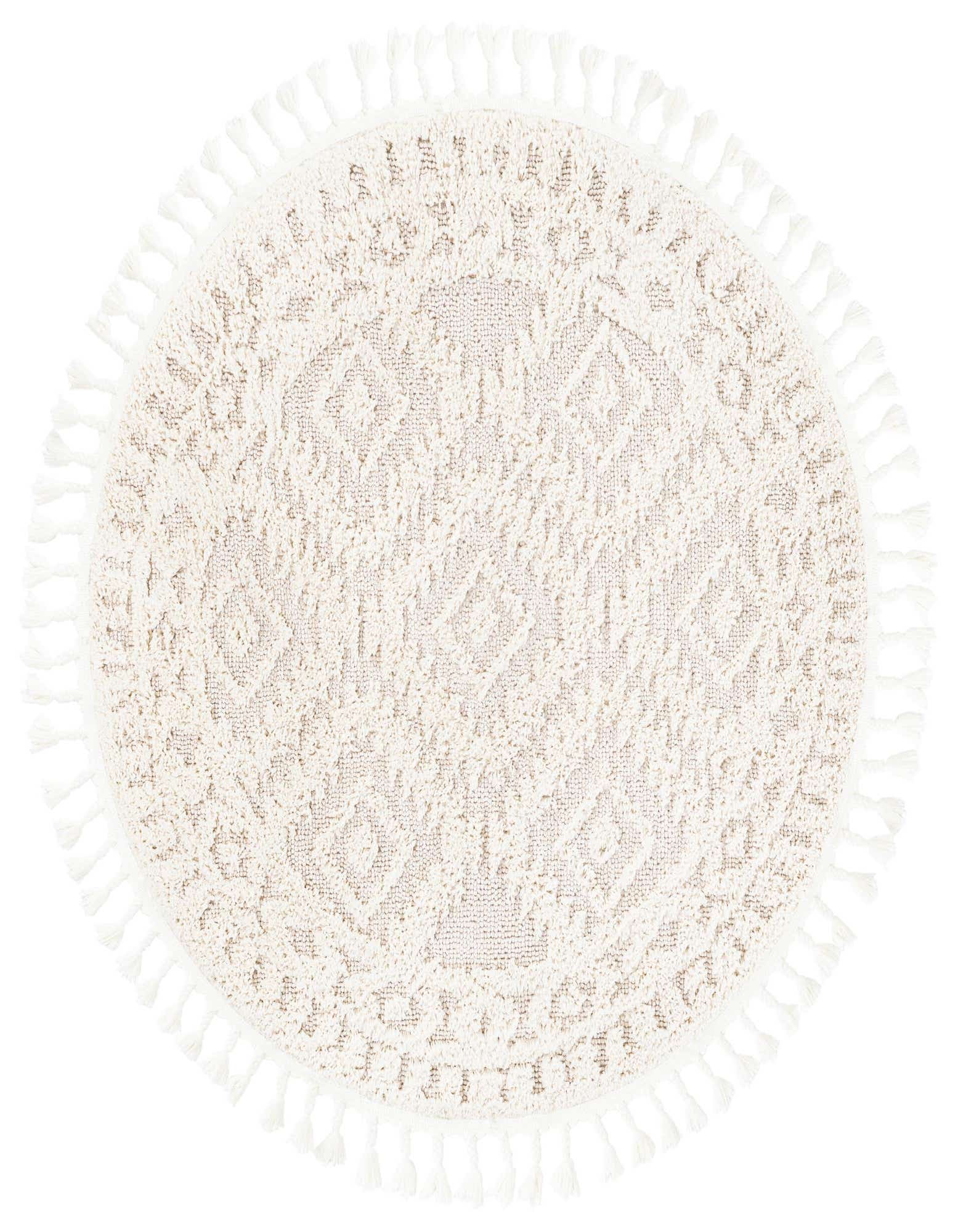 A round, cream-colored Rugs.com Boho rug with a textured geometric pattern and a fringe border.