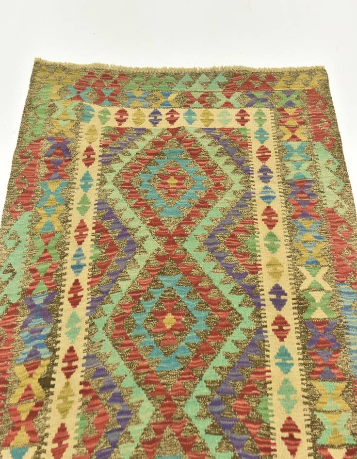 Detail image of  3' 5 x 6' 1  Hand Woven Kilim Maymana Wool Runner Rug