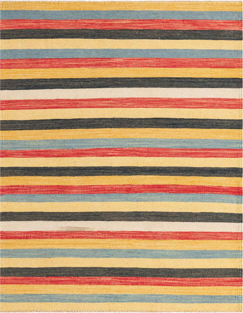 A 7 ft runner rug in a flatweave style, featuring horizontal stripes in red, yellow, light blue, black, and cream.