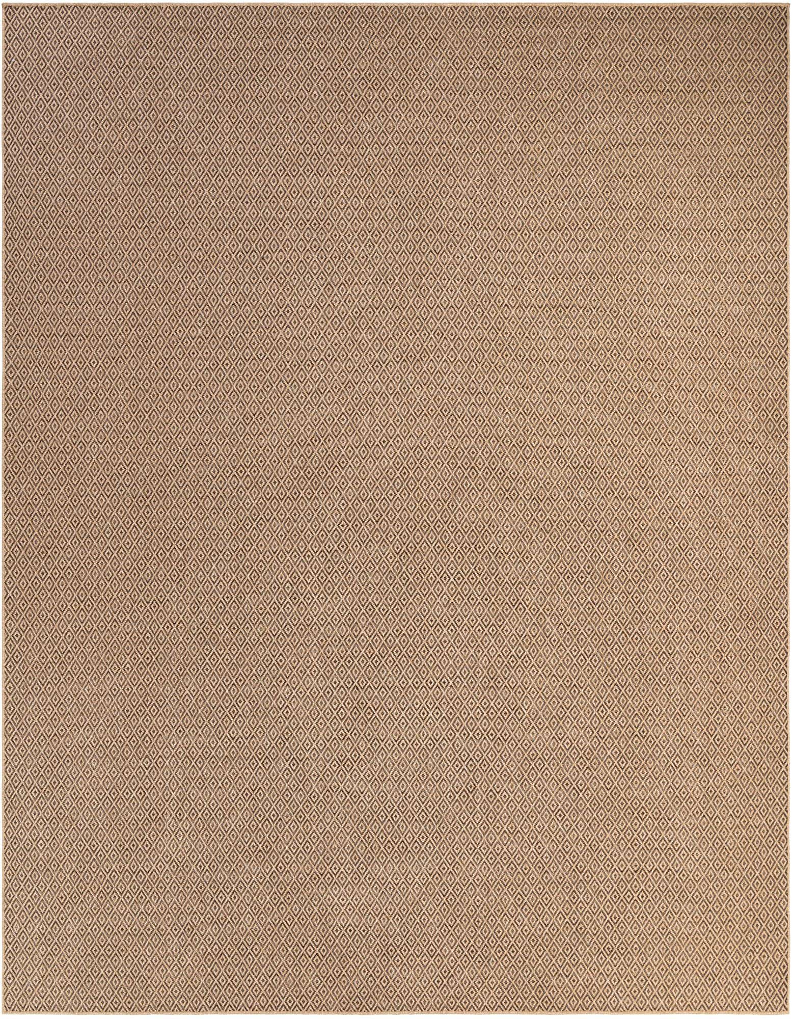 A 12' 8 x 12' 8 square indoor rug with a tight, repeating diamond pattern in shades of light brown and tan.