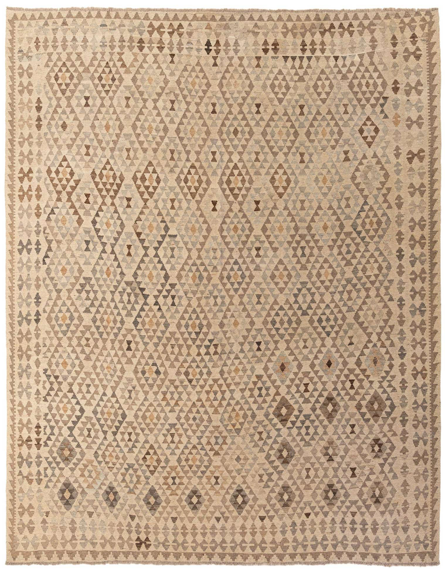 A square 9'10" x 10'3" Kilim Maymana rug featuring a flatweave tribal geometric pattern in various shades of brown, beige, and gray.