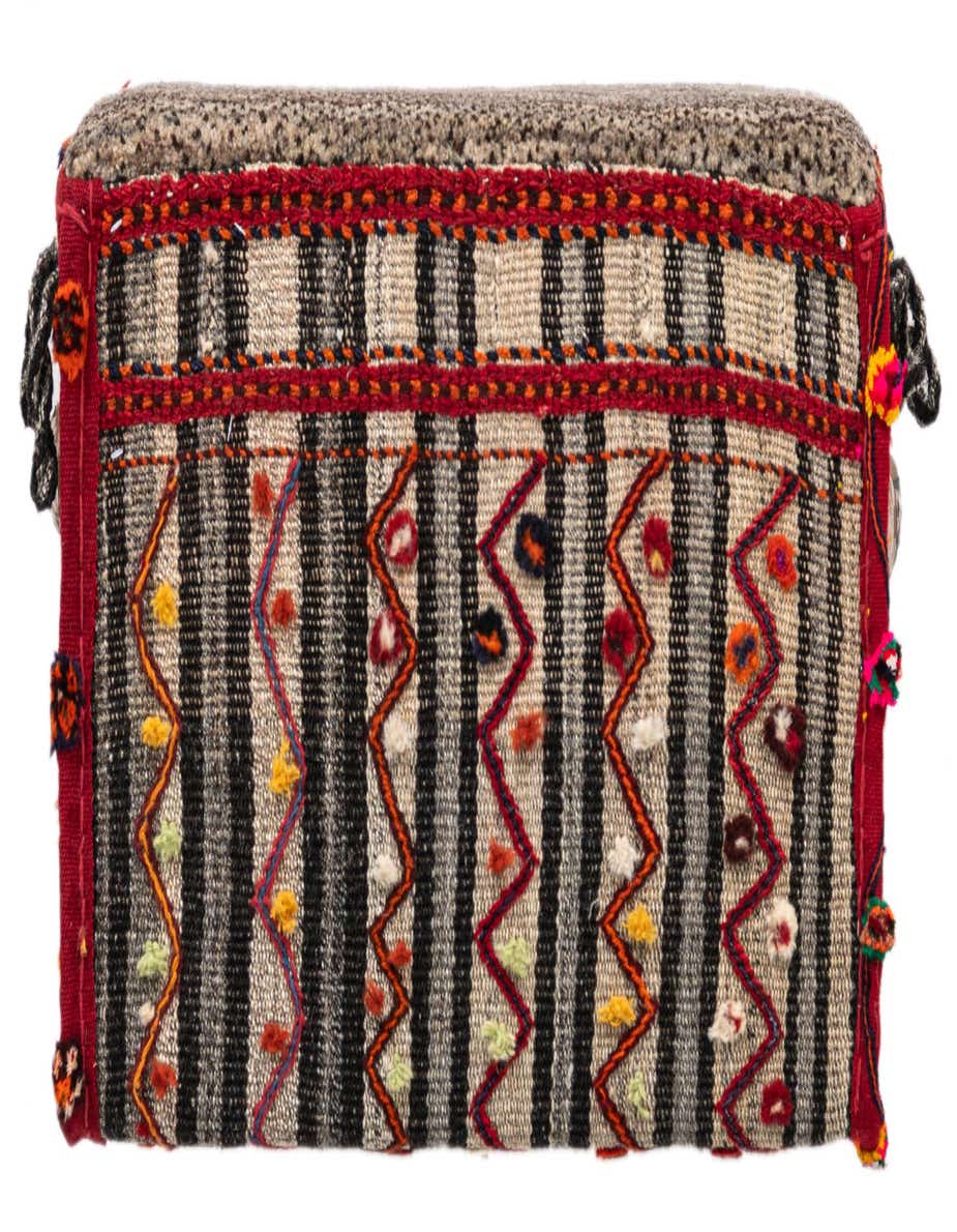 A rectangular 1x3 gray and silver traditional rug with black stripes and colorful abstract patterns, handmade for indoor use.