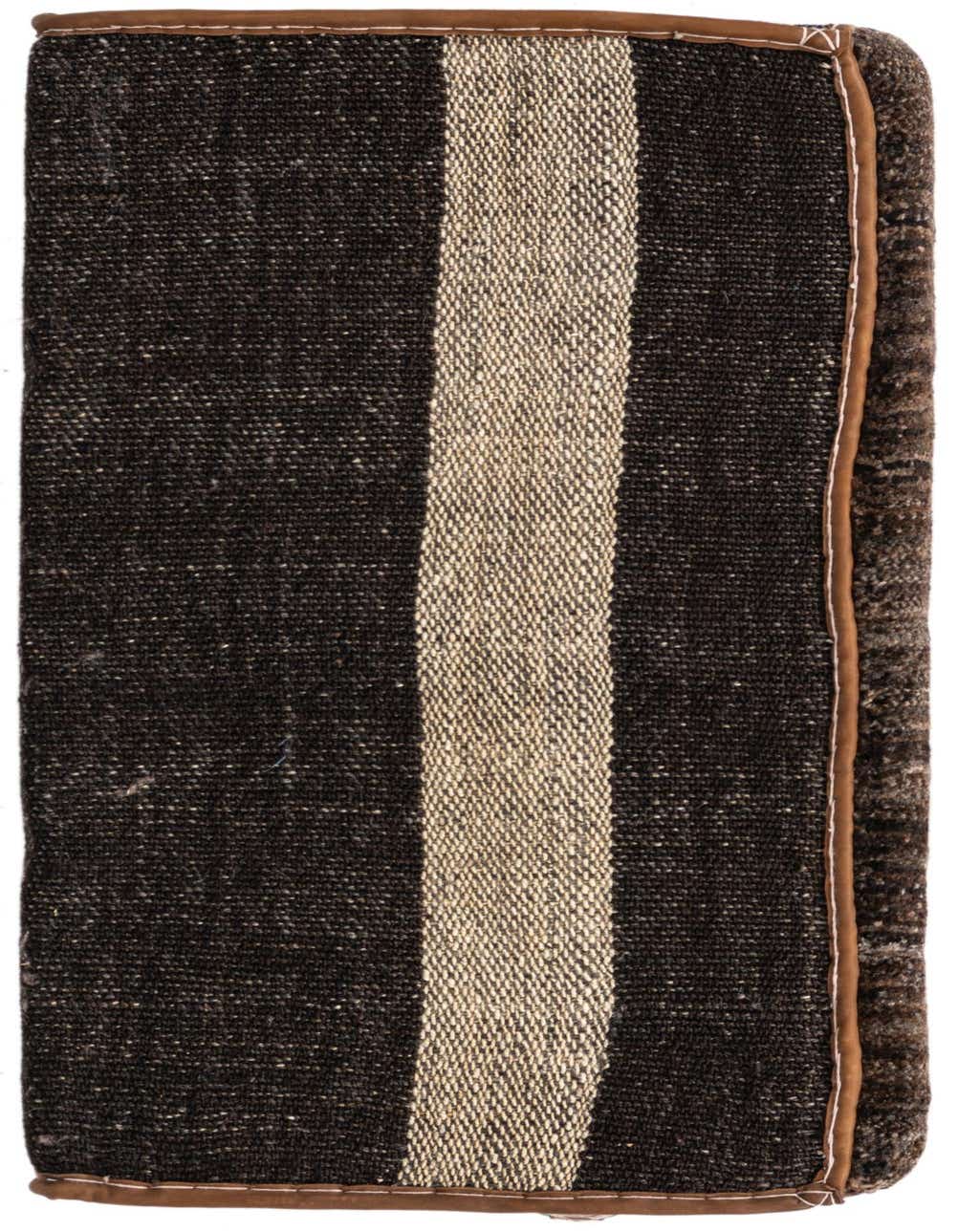 A rectangular 2x3 brown and tan Oriental rug with a prominent tan stripe down the center, handmade with a medium pile.