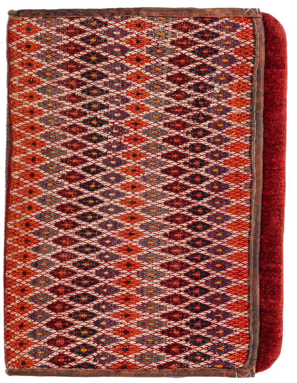 A 2x3 rectangular Oriental rug with a vibrant diamond pattern in oranges, reds, blues, and creams, featuring a medium pile and handmade details.