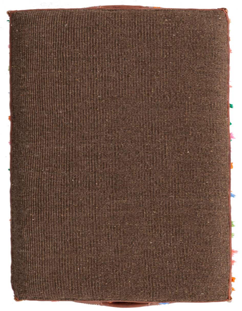 A rectangular 2x3 brown Oriental rug with subtle stripes and colorful tassels on the short edges, handmade for indoor use.