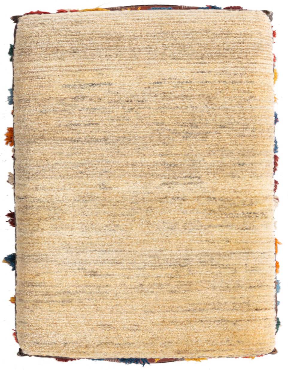 A 2x3 rectangular ivory and cream textured rug with subtle stripe patterns and colorful fringe accents, shown rolled.