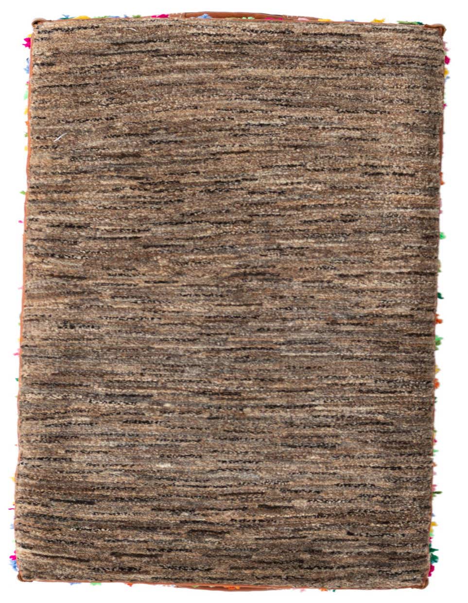 A 2x3 rectangular brown and tan modern abstract rug with a medium pile, featuring subtle horizontal stripes and colorful tassels on the short edges.