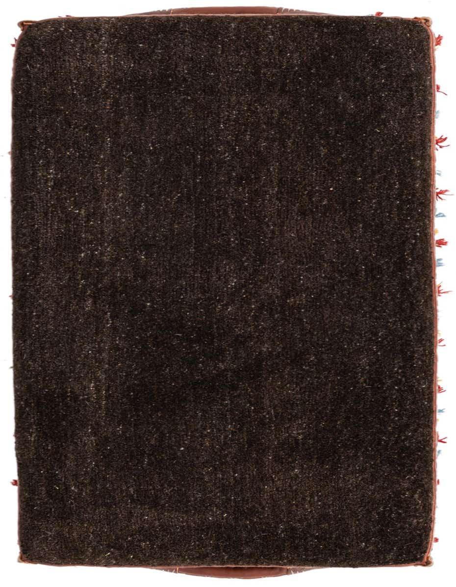 A 2x3 rectangular brown traditional rug with a textured pile and subtle tan flecks, featuring decorative red and blue tassels along the side.