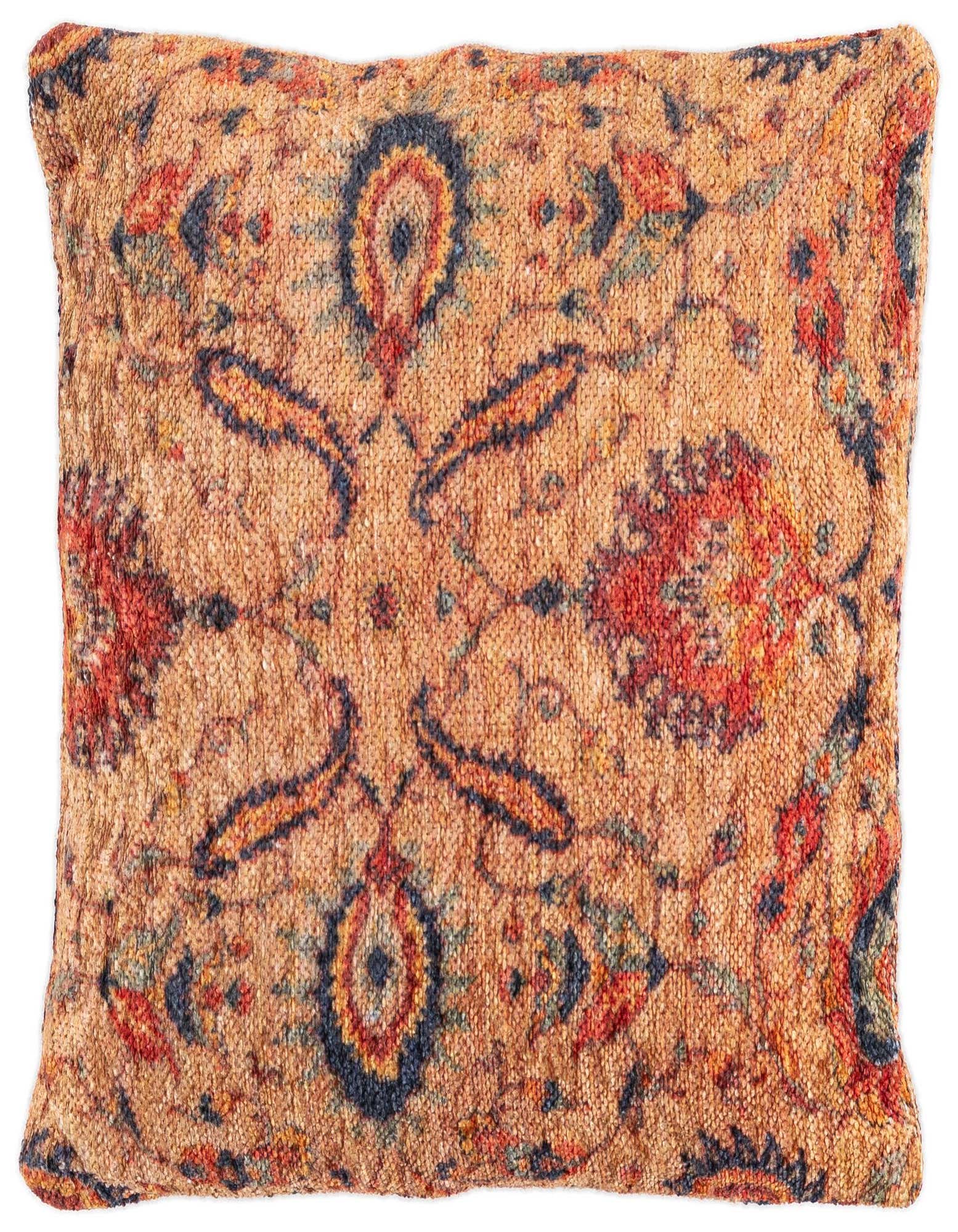 A rectangular throw pillow with a distressed yellow-gold background and a modern stripe pattern in red, blue, and orange.