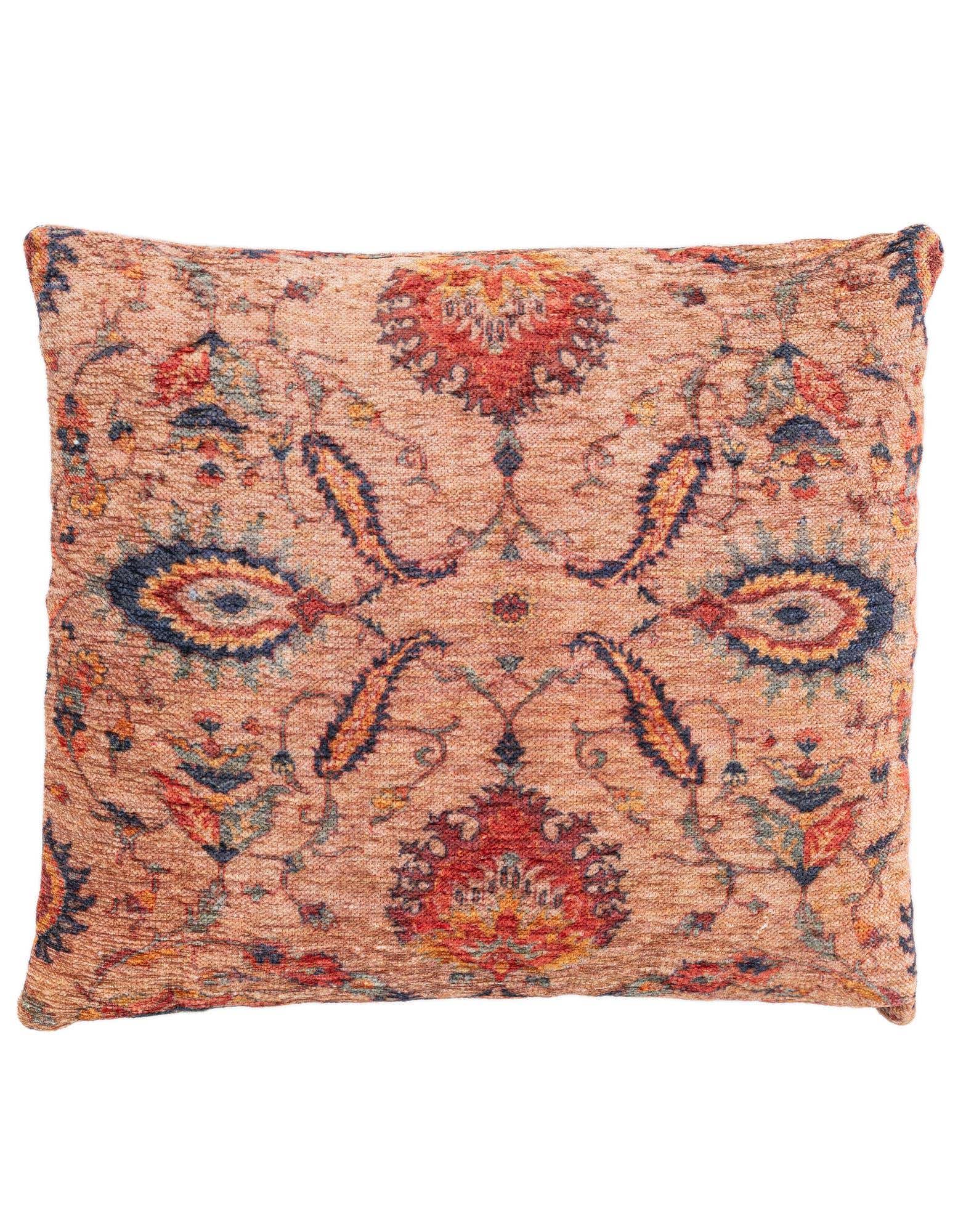 A rectangular multi-colored pillow featuring a modern floral pattern in shades of red, blue, and orange on a peach background.