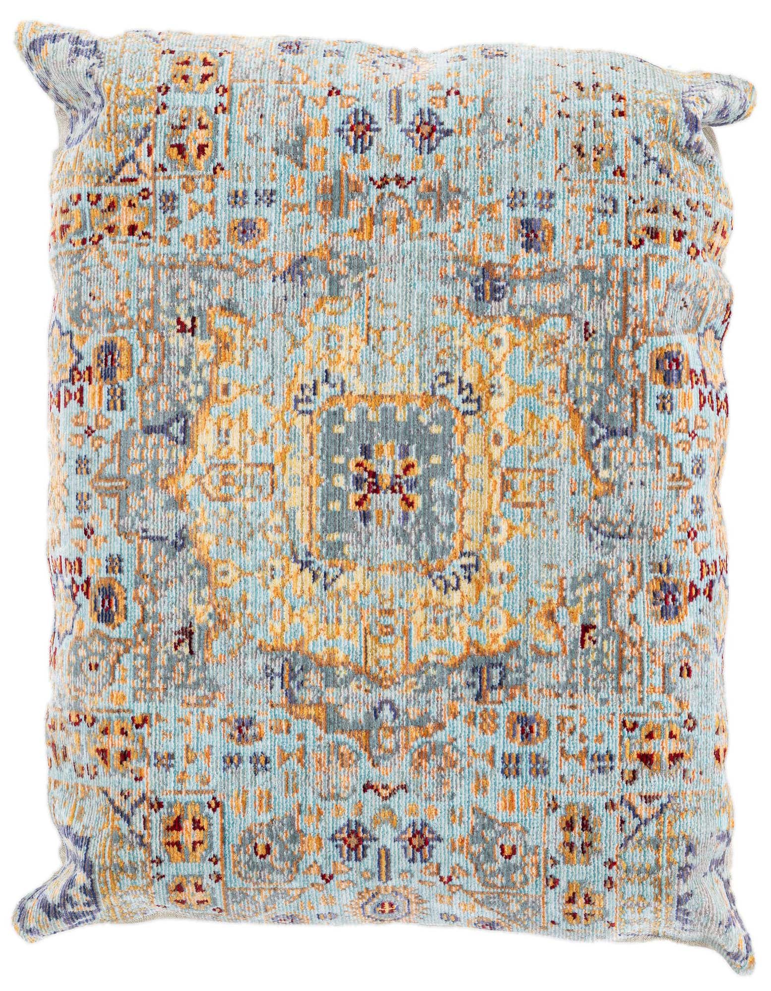 A rectangular pillow featuring a vintage Oriental medallion pattern in shades of blue, gold, and hints of red.