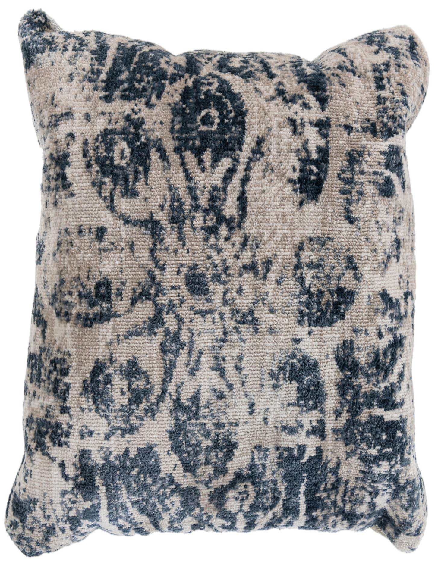 A rectangular gray and silver pillow with a vintage oriental medallion pattern, suitable for indoor use.