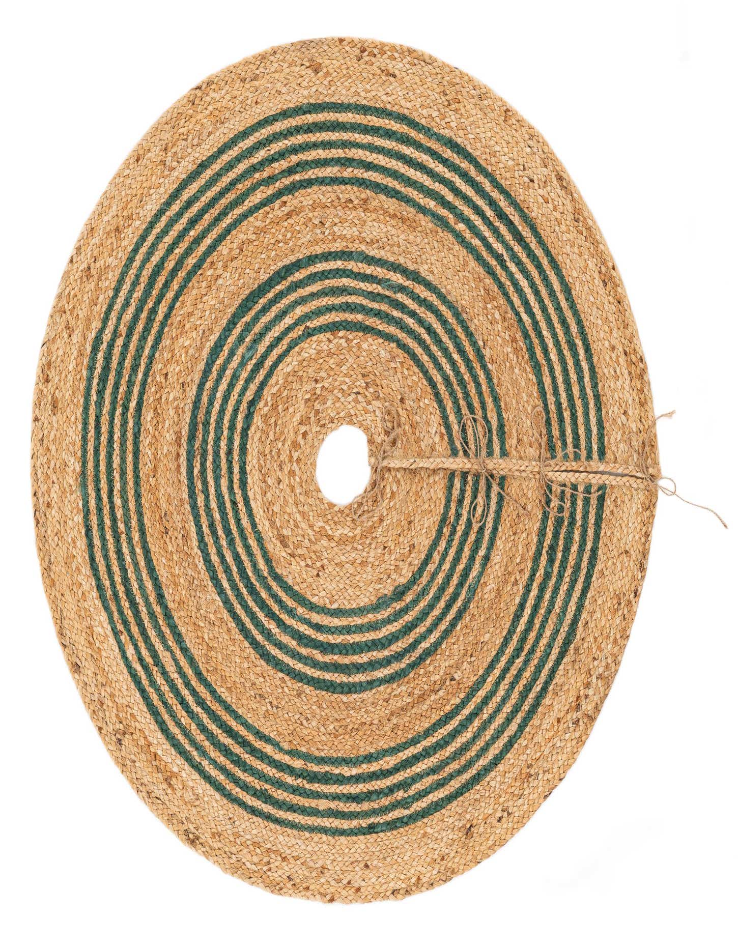 Round jute Christmas tree skirt, 3' 8 x 3' 8, featuring natural brown braids with concentric green stripes and a center opening.