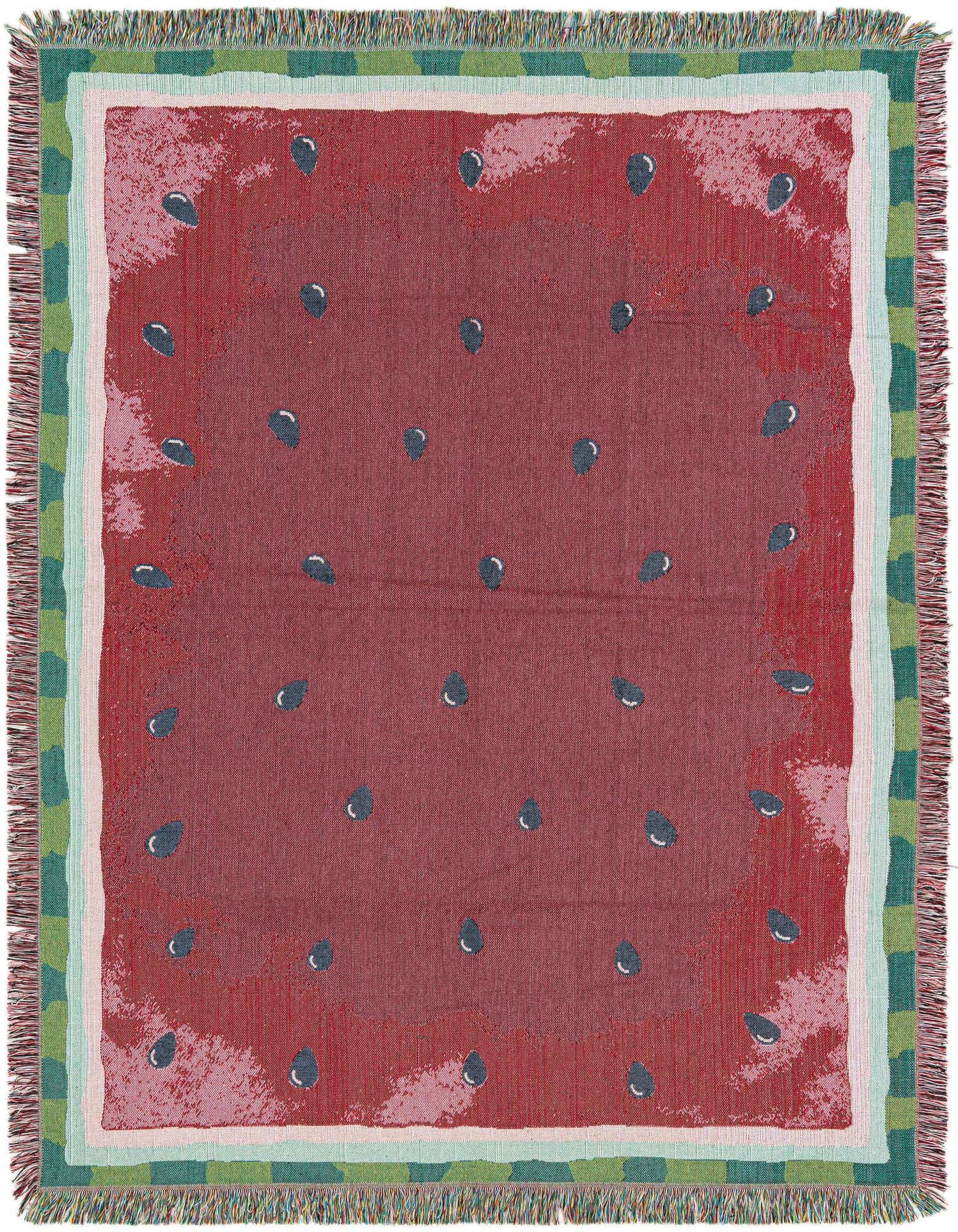 A 4x6 rectangular red rug with a modern watermelon slice pattern, featuring black seeds and a green and pink striped border.