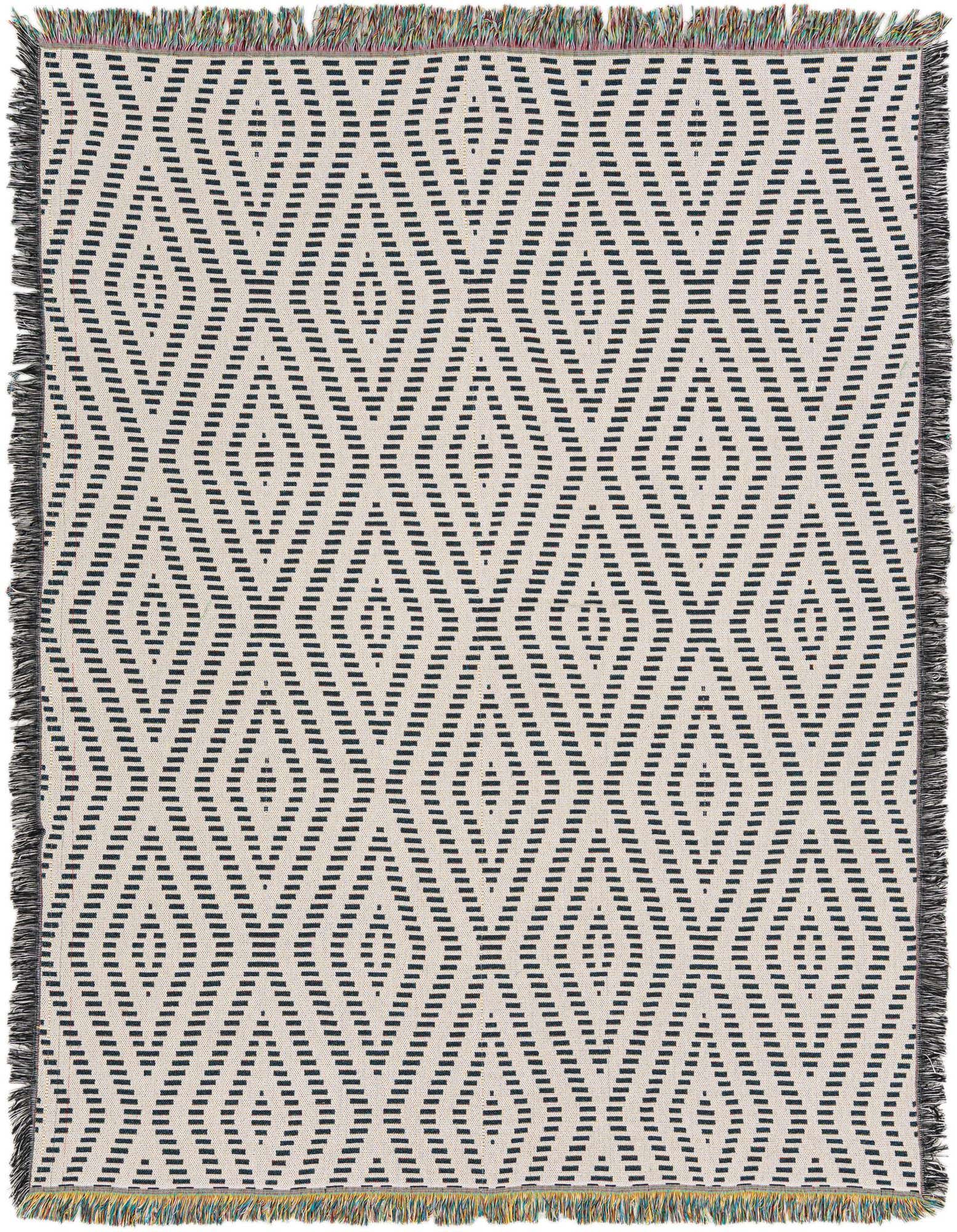 A 4x6 rectangular ivory cotton rug with a modern geometric diamond pattern and fringed edges.