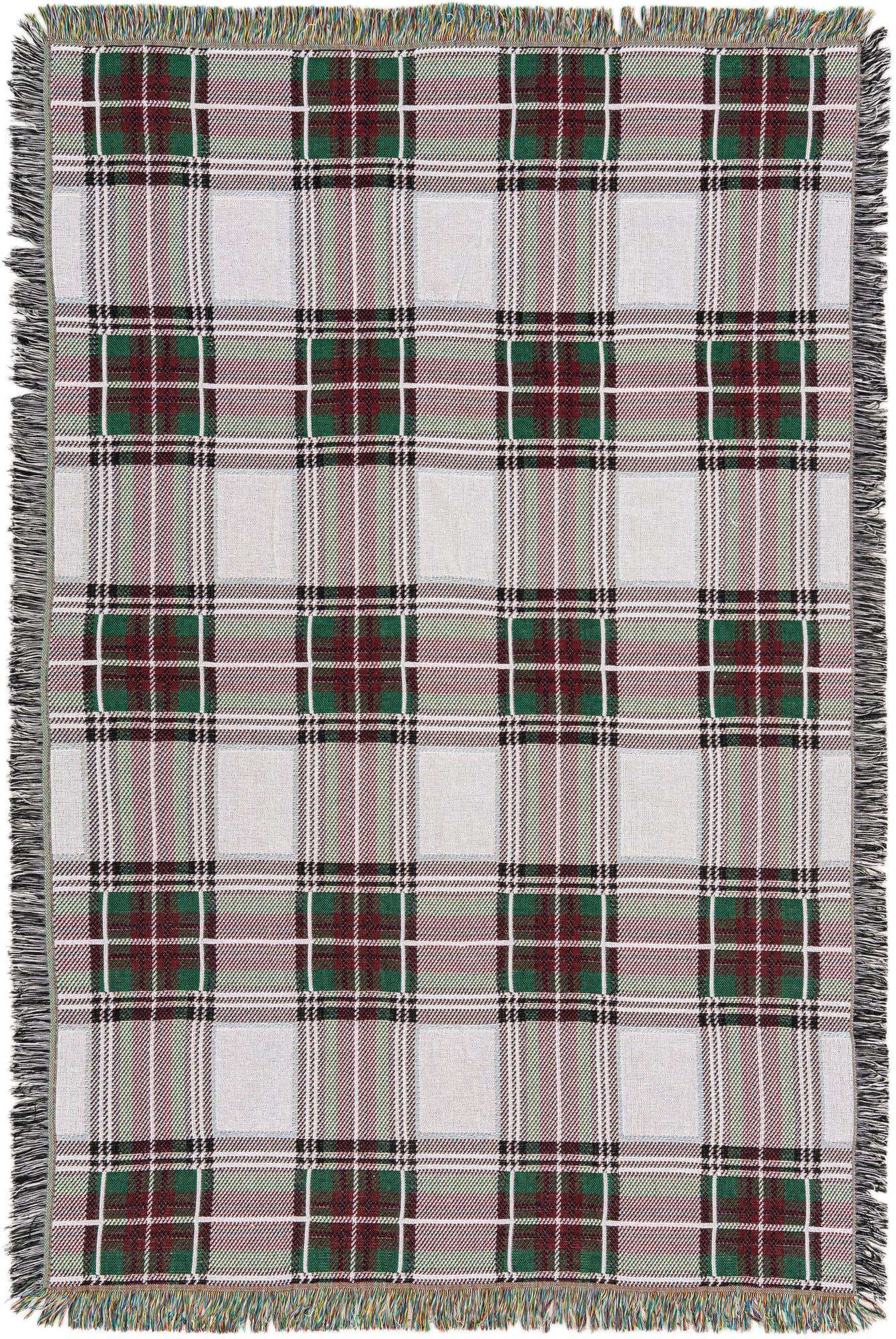 A 4x6 rectangular throw blanket with a modern plaid pattern in multi-colored hues, featuring green, red, black, and white squares and lines, with fringed edges.