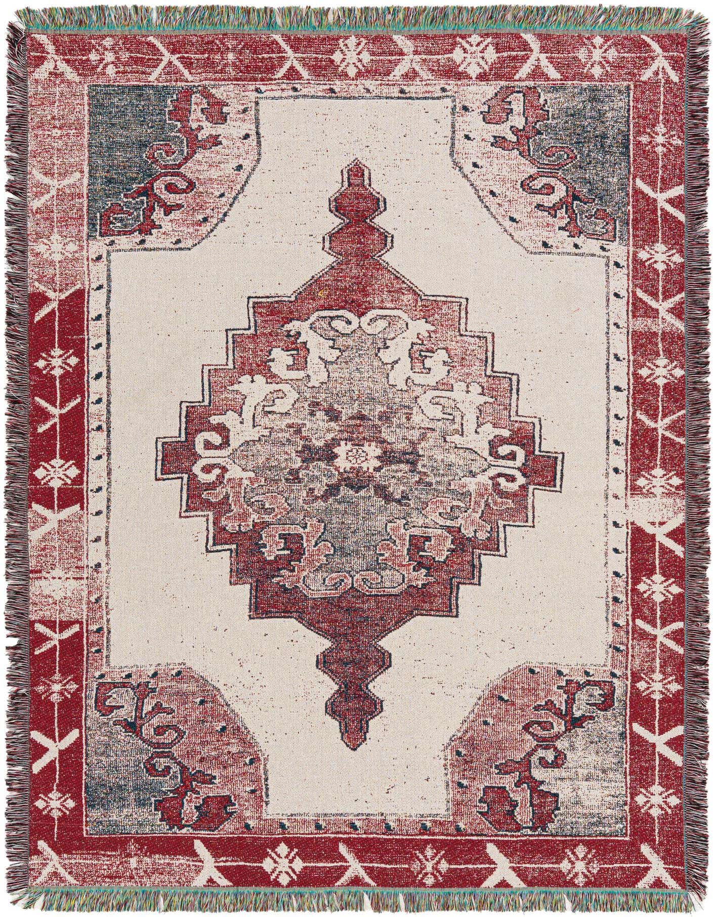A 4x6 rectangular ivory modern rug with a distressed red and blue geometric pattern and fringed edges.