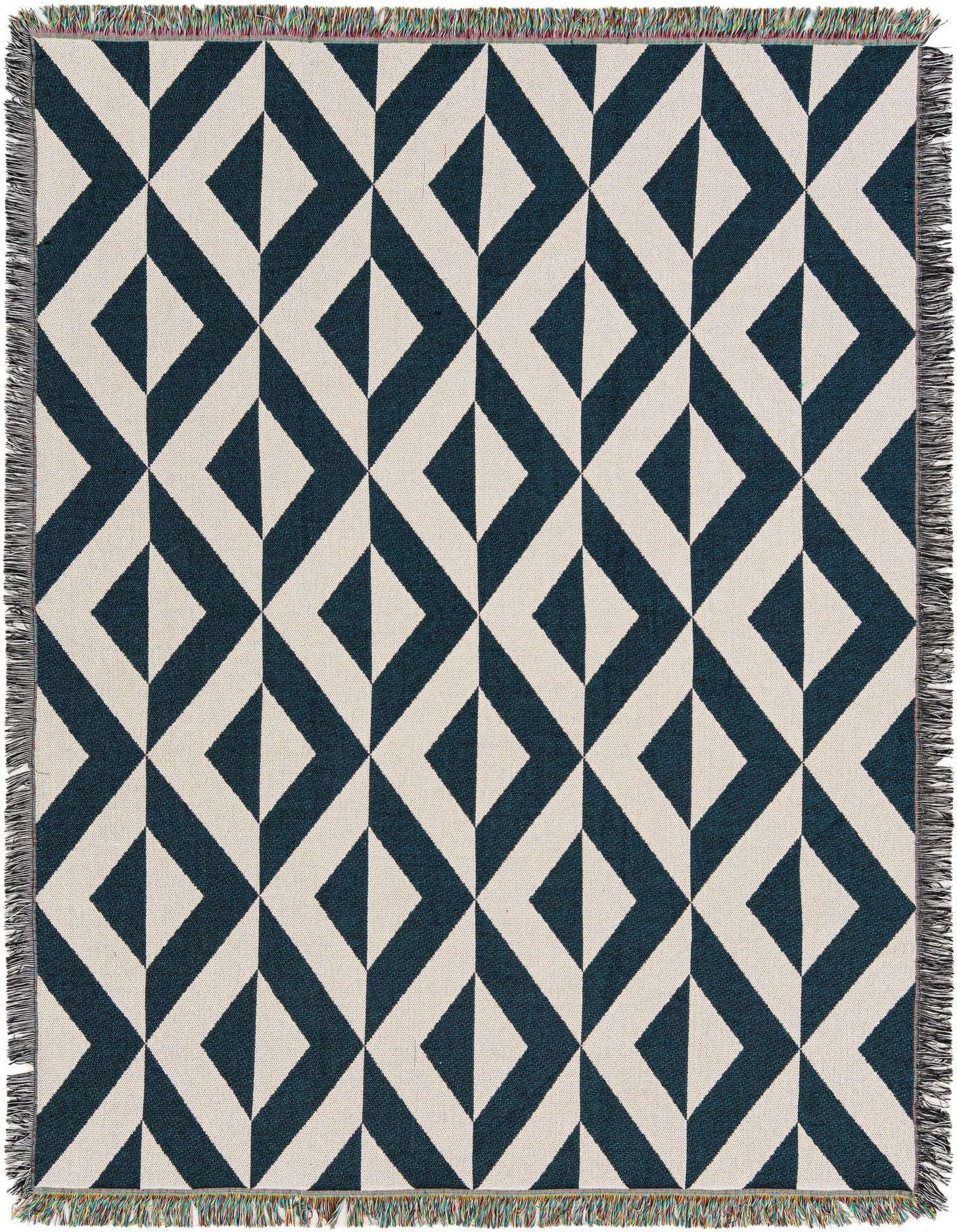A 4x6 rectangular ivory and dark teal modern rug with a geometric diamond pattern and fringed edges.