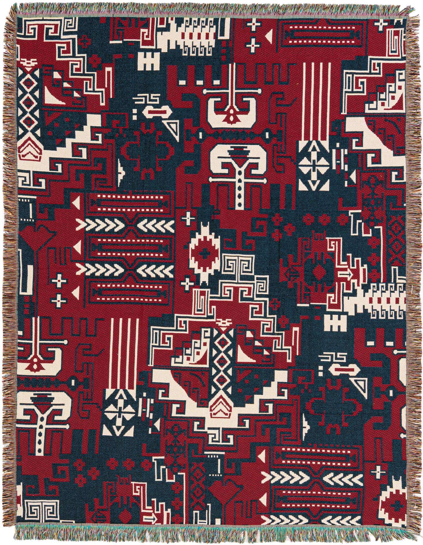 A 4x6 rectangular red and navy blue traditional oriental rug with intricate geometric patterns and fringe.