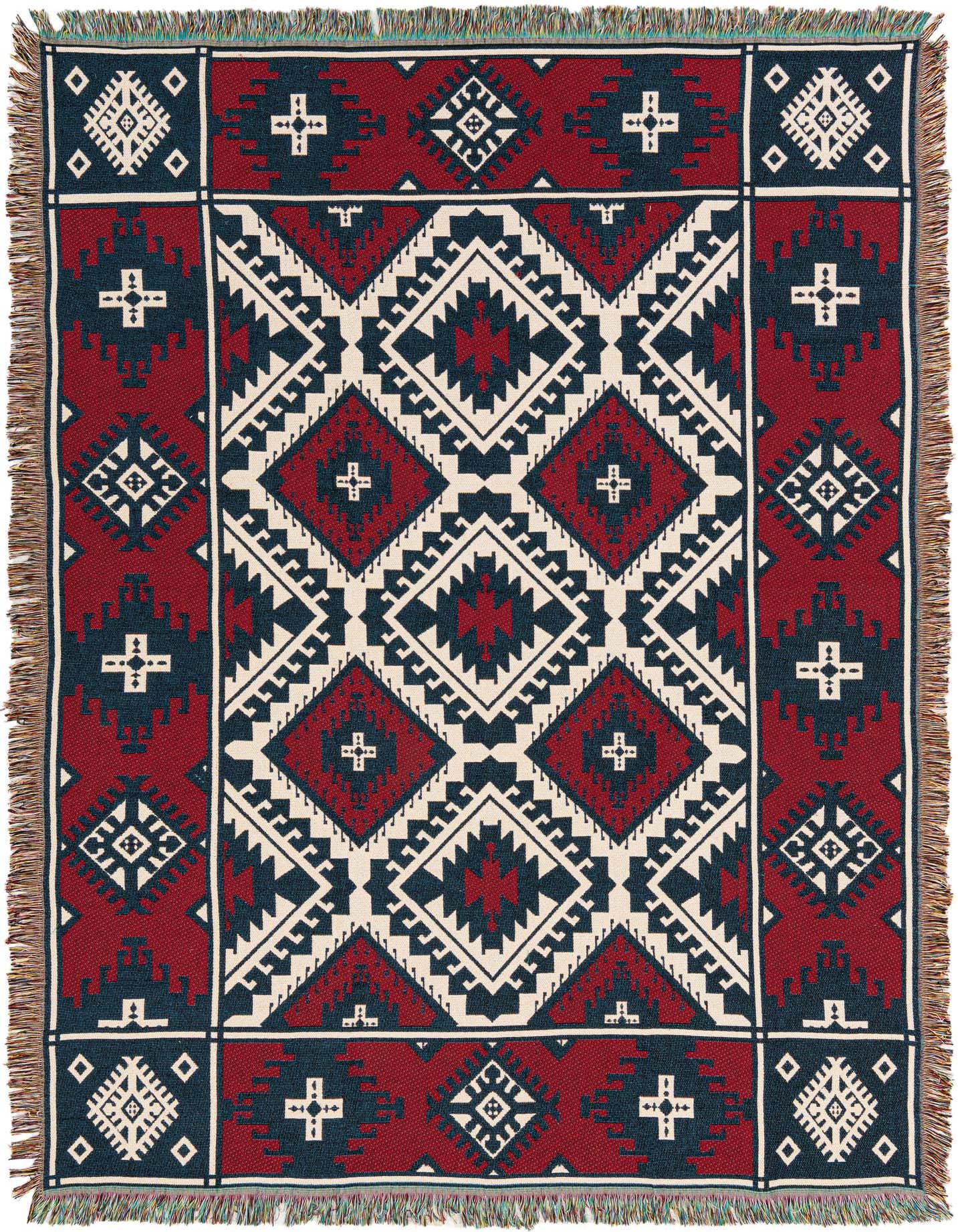 A 4x6 rectangular rug featuring a vibrant multi-colored modern geometric pattern with red, navy, and cream, and fringed edges.