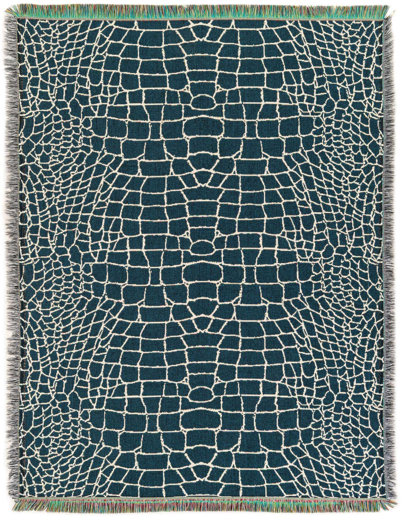 A 4x6 rectangular blue modern area rug with a white crocodile skin pattern and fringed edges.