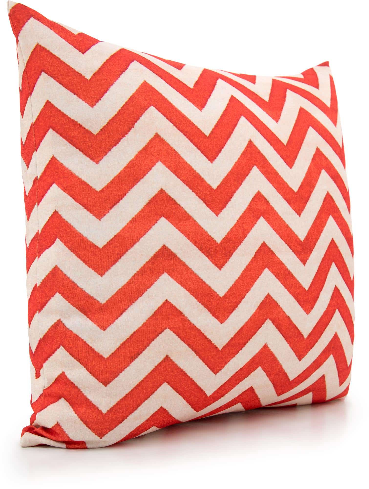 A rectangular orange and white chevron pattern pillow, made of polyester, suitable for indoor use.