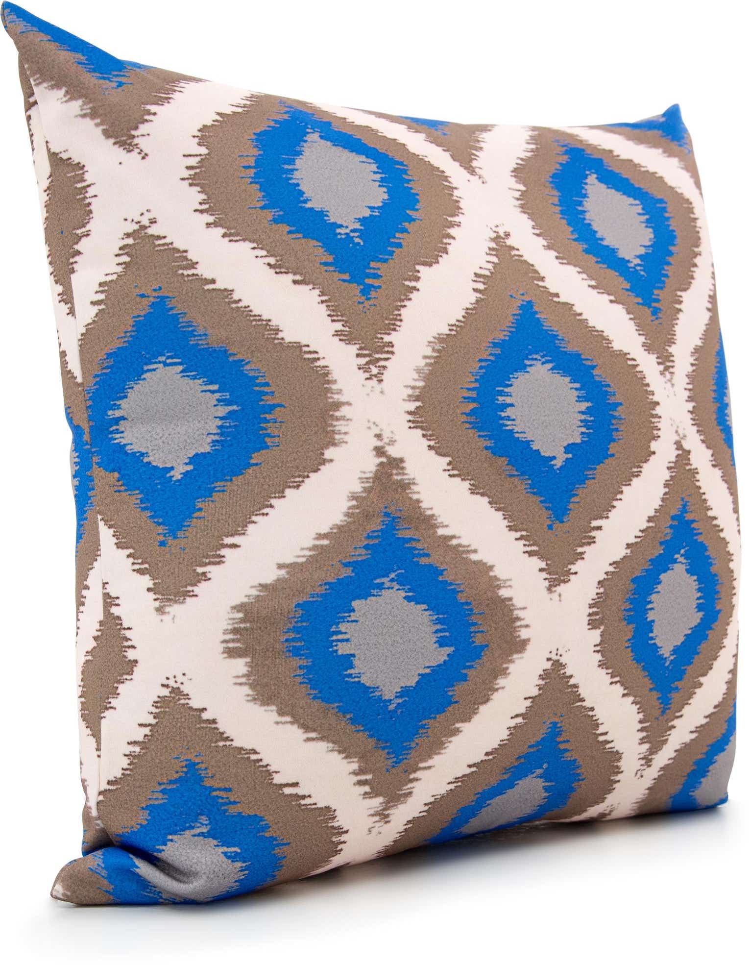 A rectangular throw pillow with a modern ikat-style diamond pattern in shades of blue, gray, and ivory.