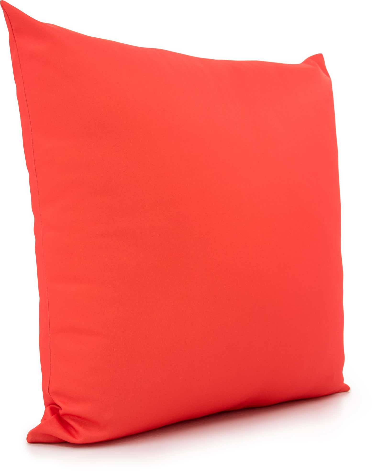 A vibrant red rectangular throw pillow made of 100% polyester, shown at an angle on a white background.