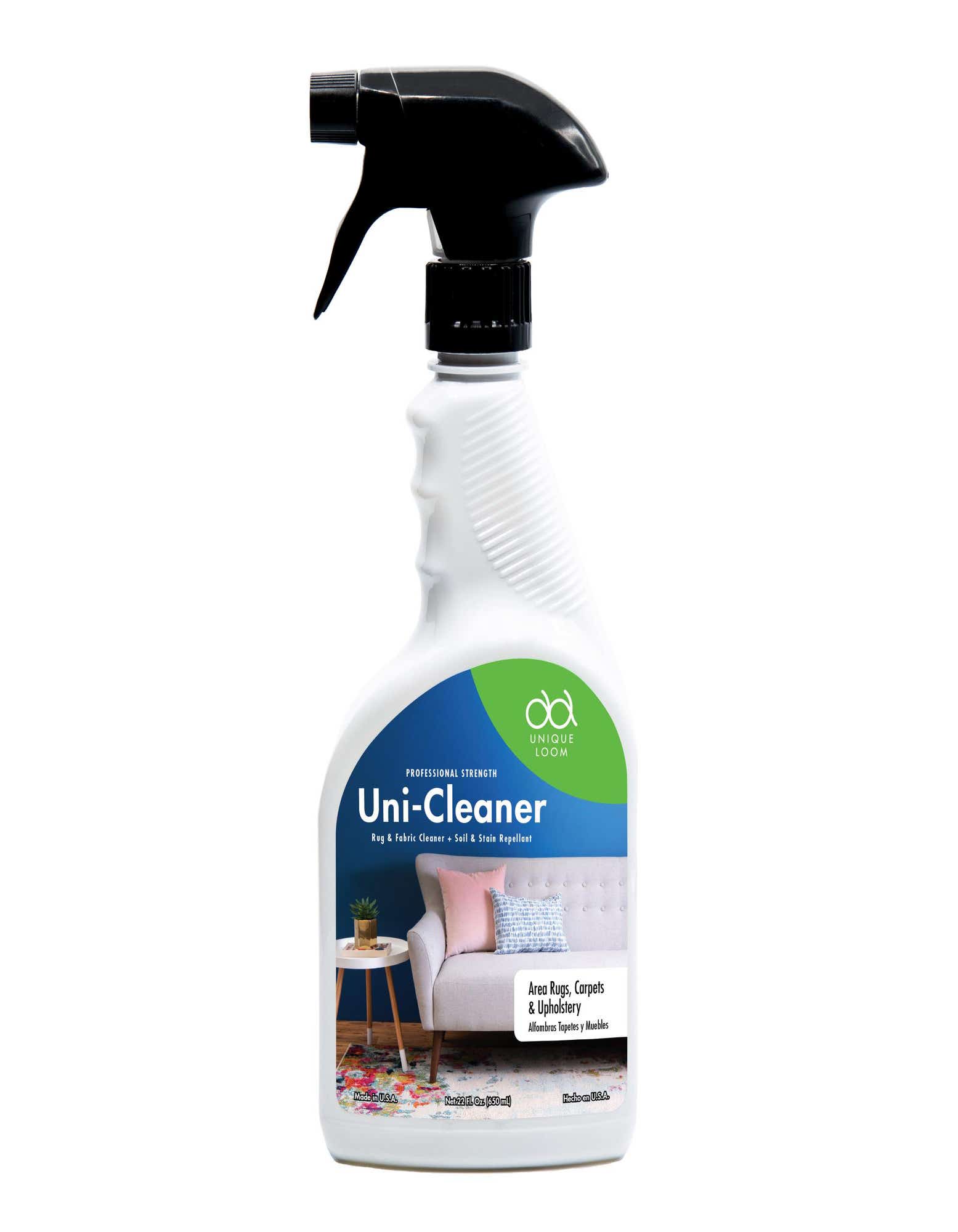 A white spray bottle of Unique Loom Uni-Cleaner, a rug and fabric cleaner and stain repellent, shown against a white background.