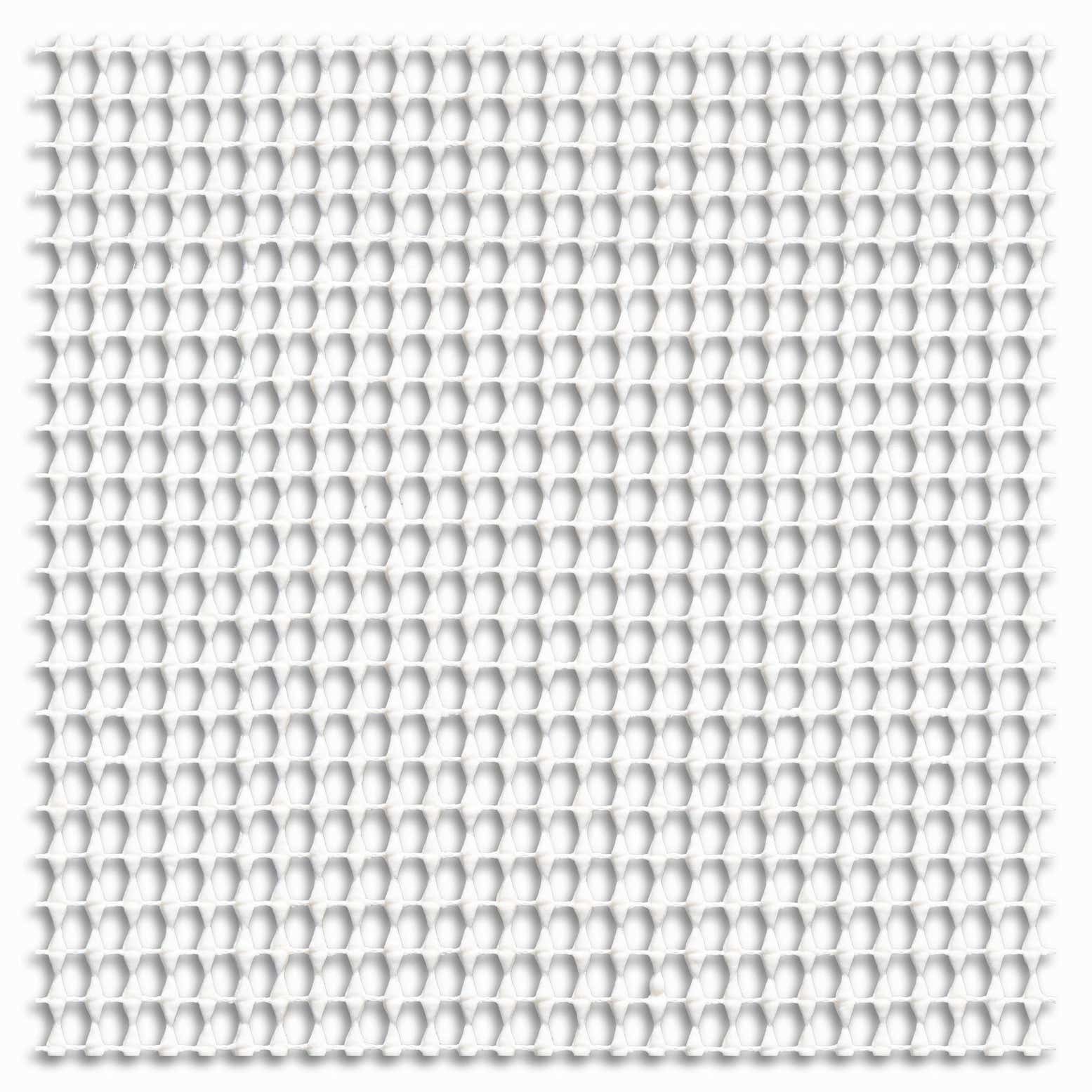 A white square rug pad with a repeating honeycomb pattern, designed to prevent rugs from slipping.