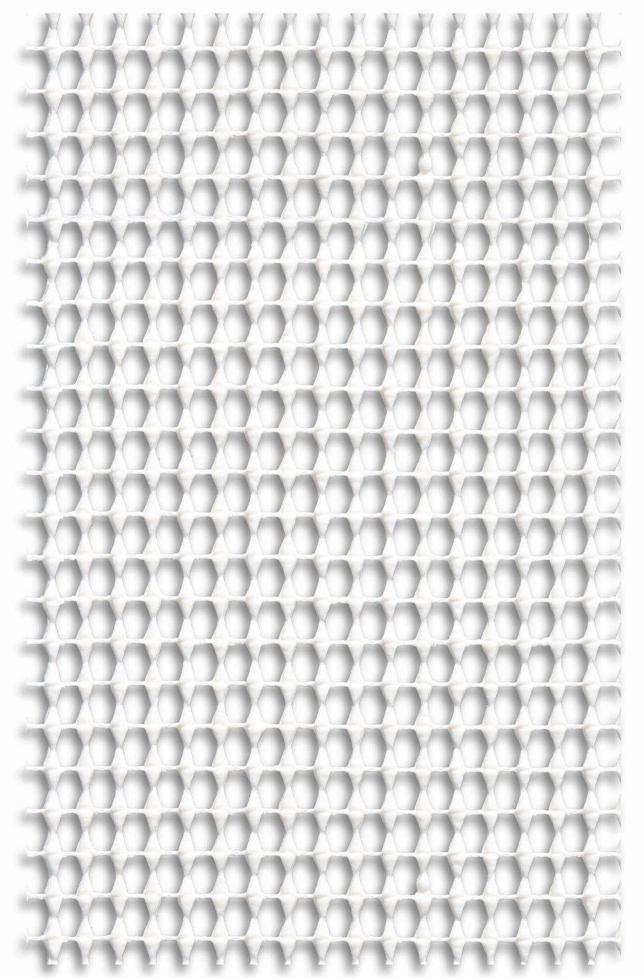 A white rectangular non-slip rug pad, 2x3 feet, featuring a textured honeycomb pattern for secure rug placement.
