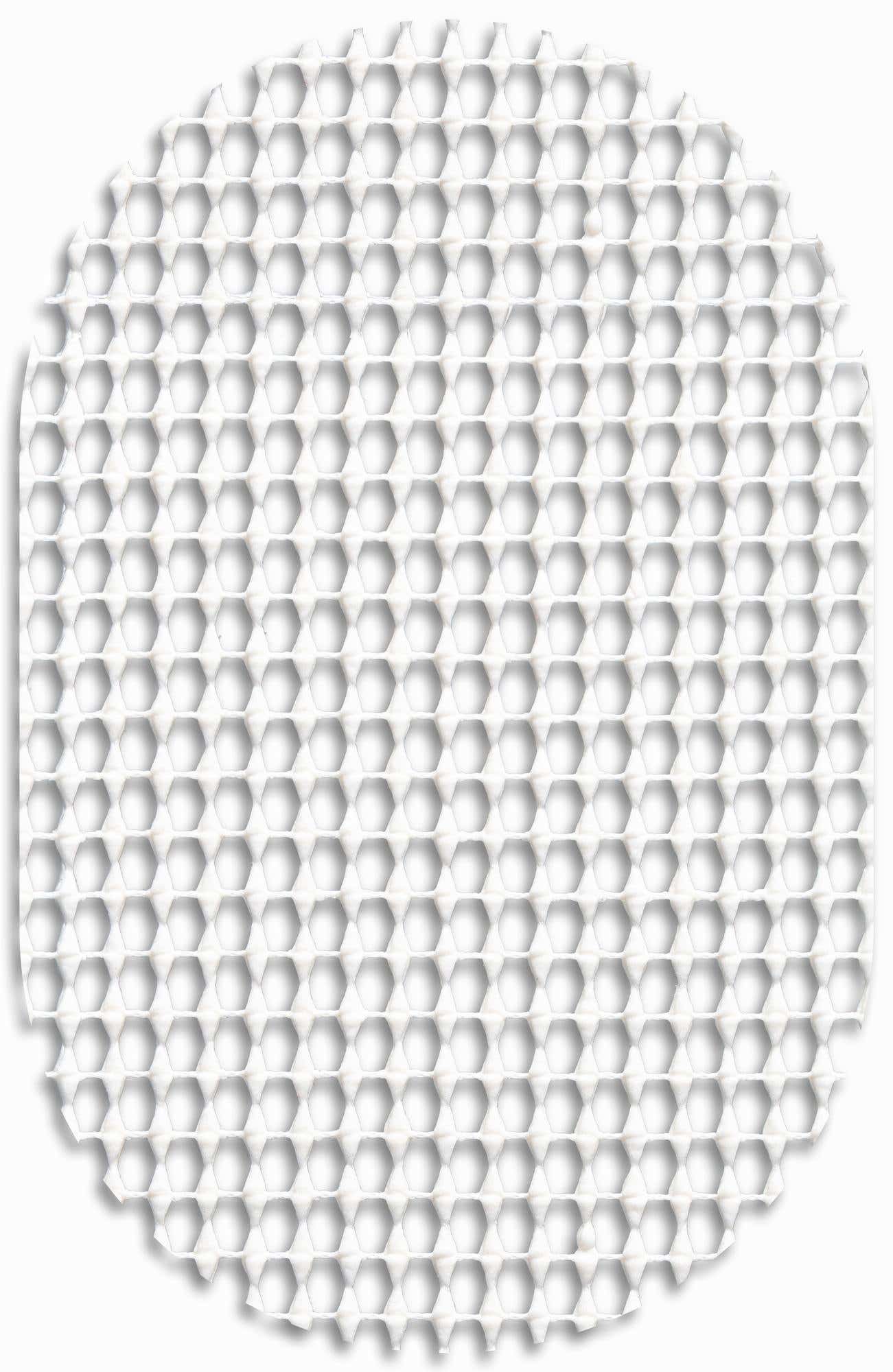 White oval rug pad with a repeating hexagonal pattern, designed for indoor use under a rug.