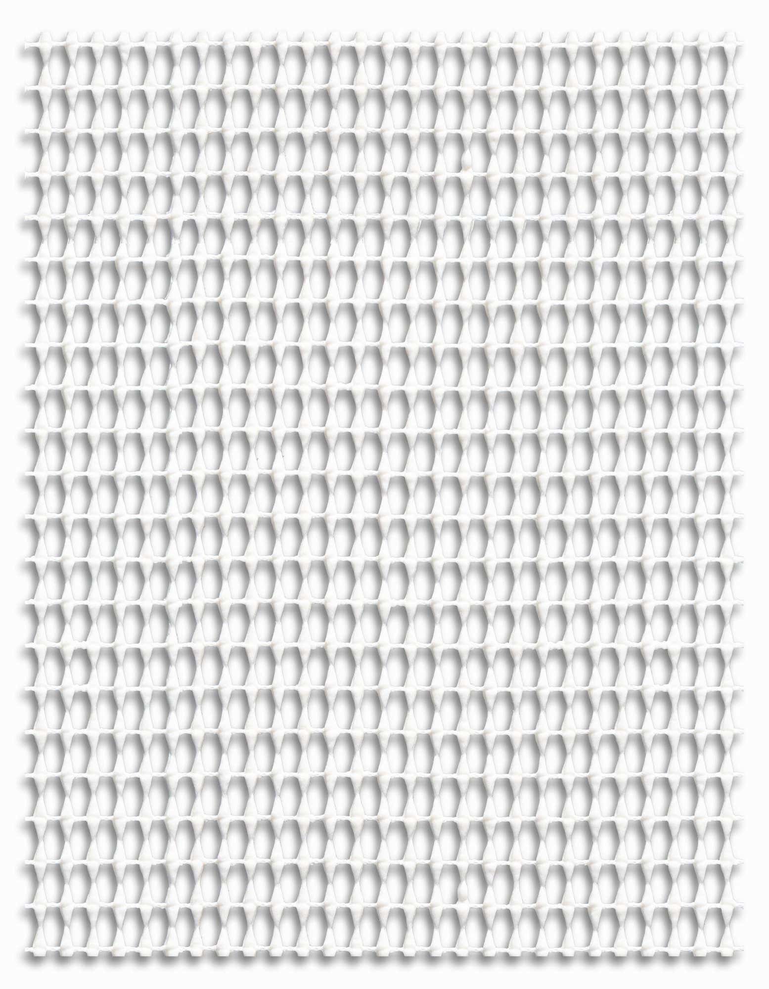 A white square rug pad with a repeating honeycomb pattern, designed to prevent rugs from slipping.