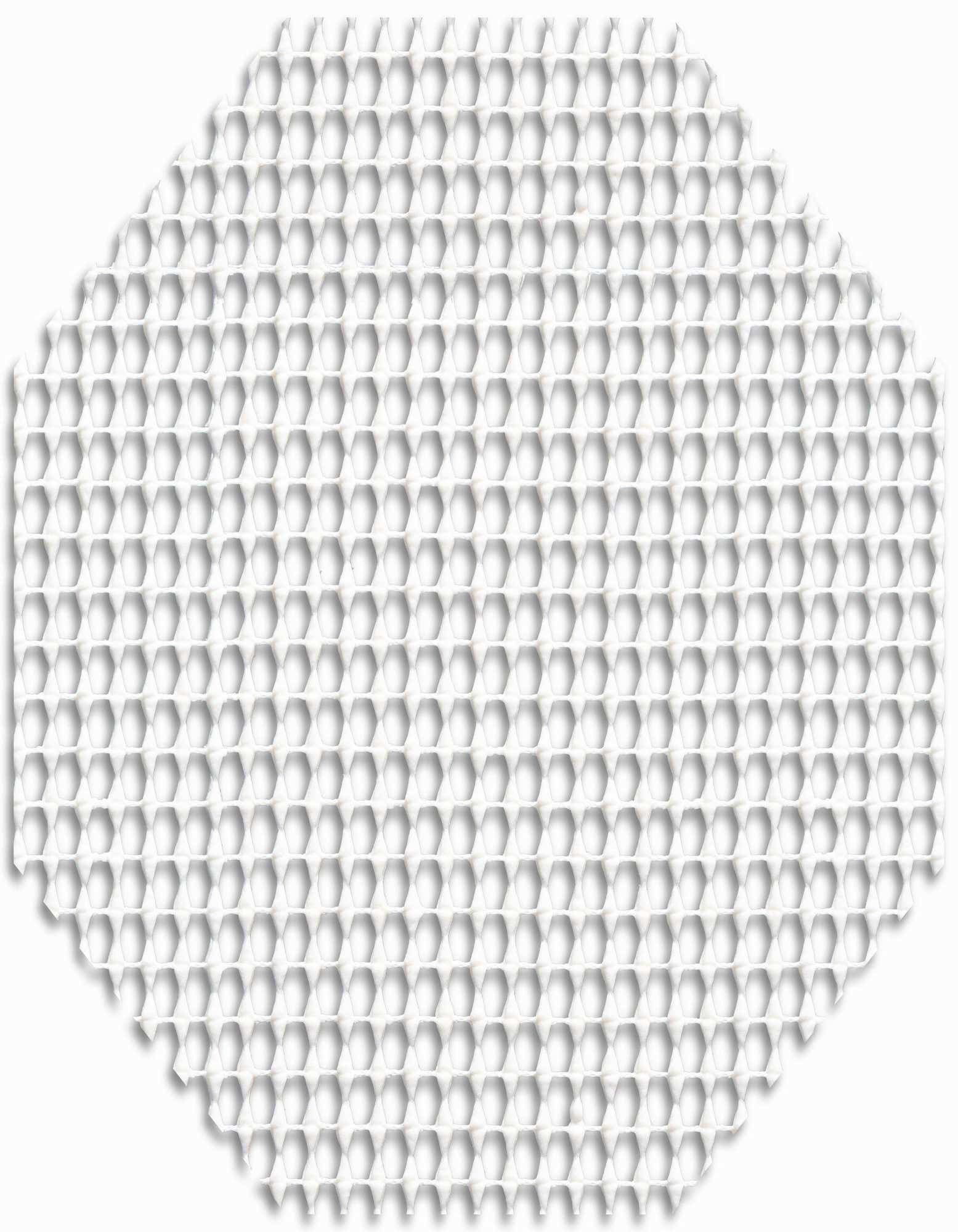 White octagon-shaped rug pad with a repeating honeycomb pattern, designed to prevent rugs from slipping.